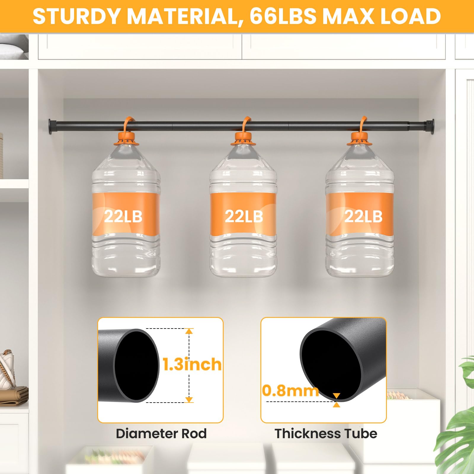 Closet Rods for Hanging Clothes, 17-84 Inch No-Cut Stepless Adjustable Closet Rod, 1.3 Inch Heavy Duty Metal Closet Hanging Rod