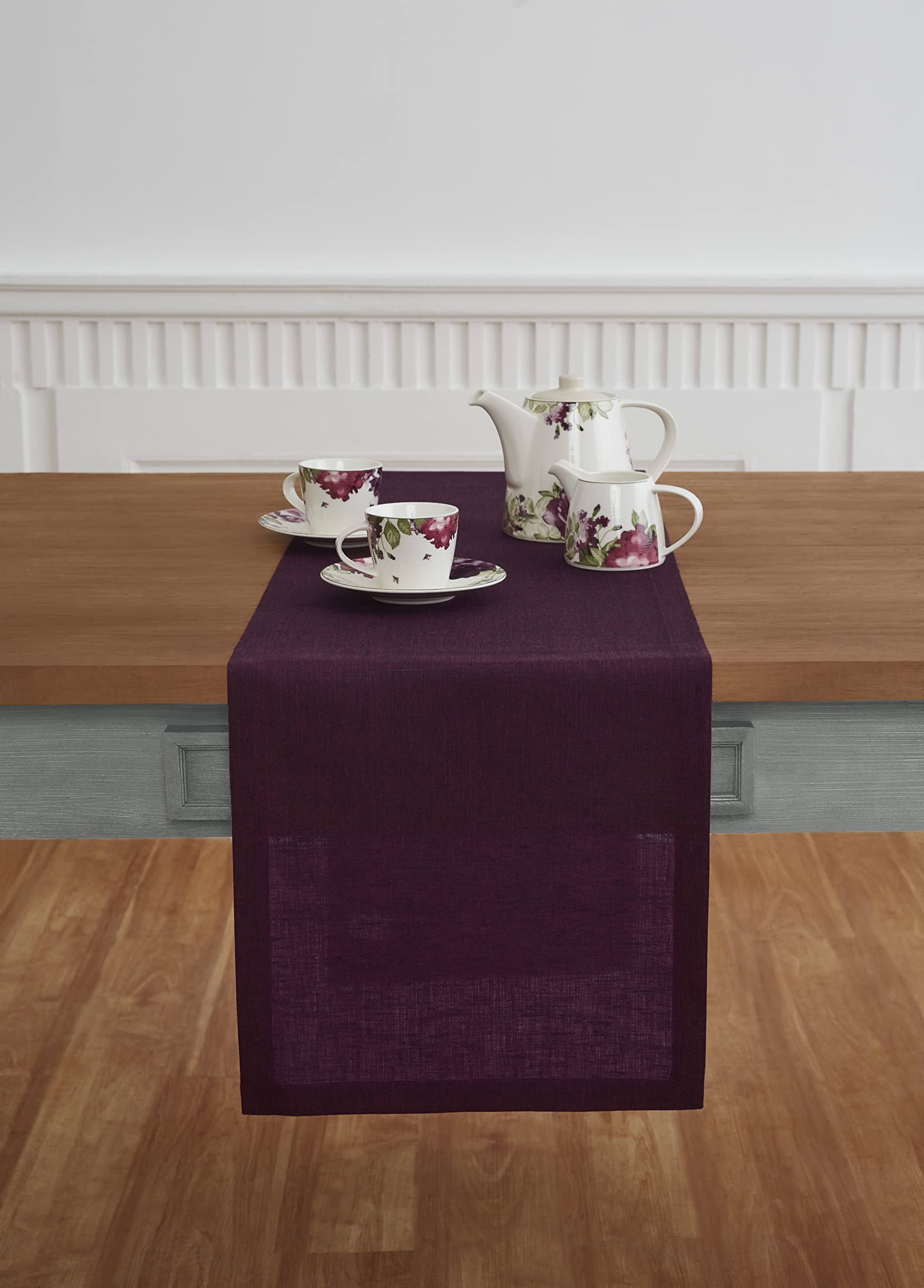 Solino Home Linen Chambray Burgundy Table Runner 132 Inches Long - Athena, 100% Pure Linen 14 x 132 Inch Table Runner for Fall,