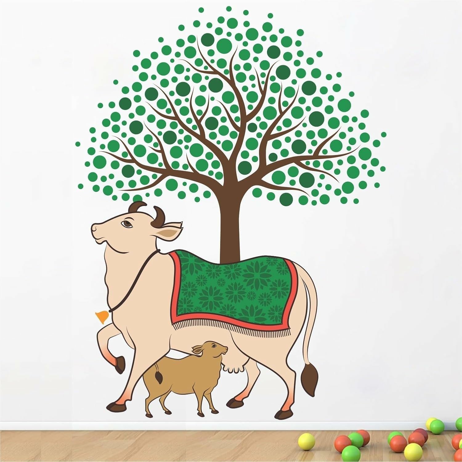 GADGETS WRAP Kamdhenu Holy Cow and Calf Hindu Religion Tree Wall Decal Vinyl for Home Office Room Decoration