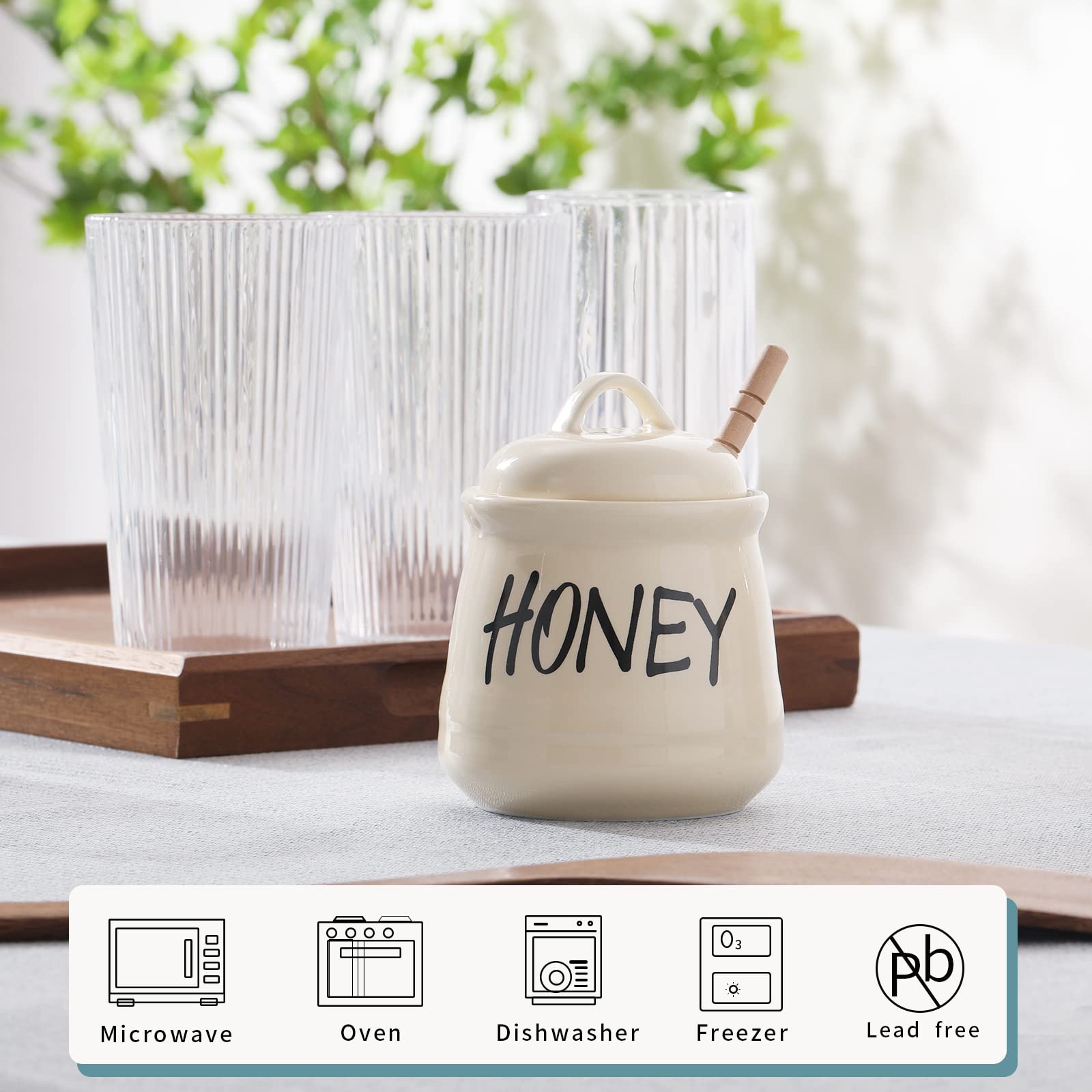 Haotop Porcelain Honey Jar With Lid And Honey Dipper 12Oz (Beige)