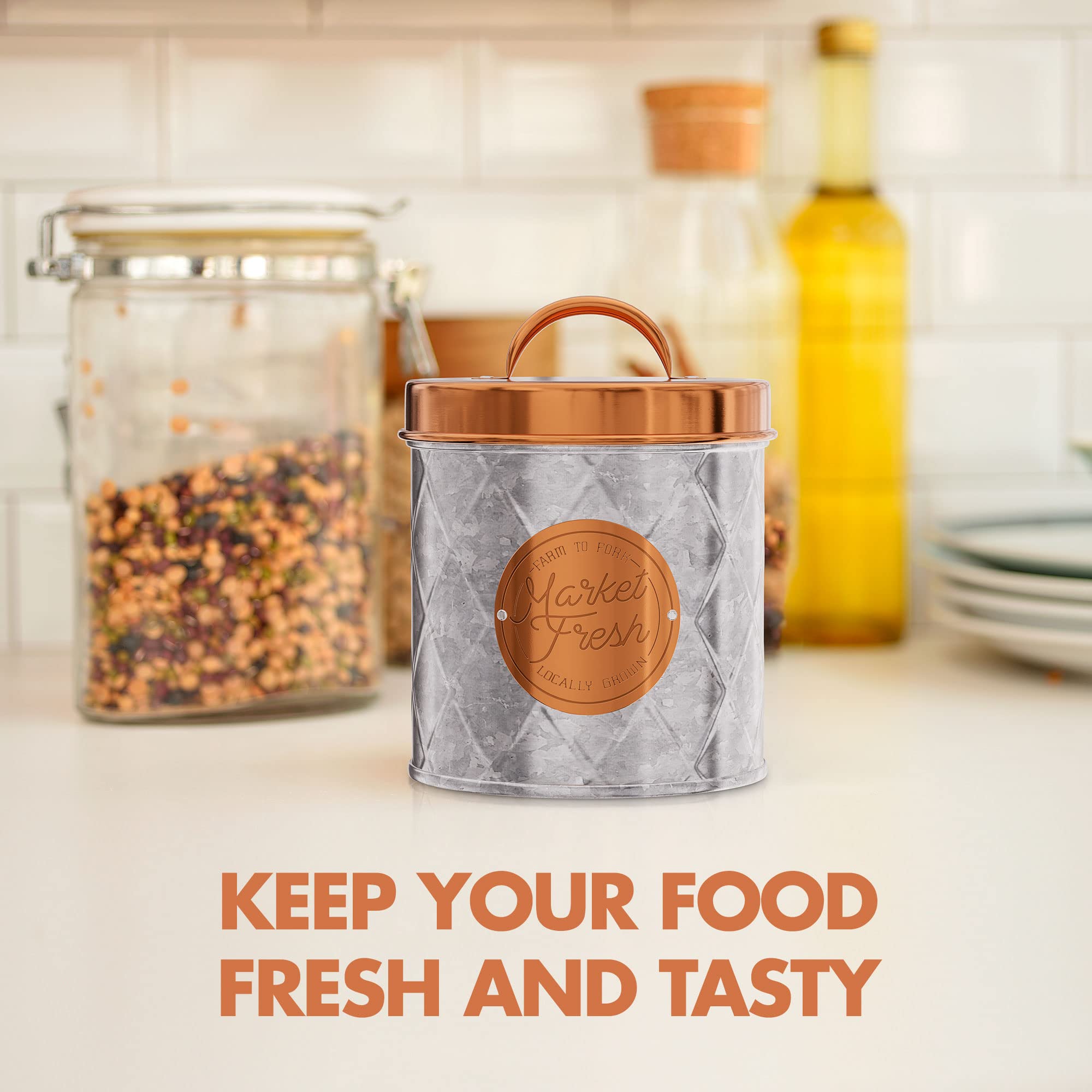 Amici Home Bristol Metal Canister | Food Storage Container With Lid | Canisters For Kitchen Counter | Galvanized Metal/Copper Li