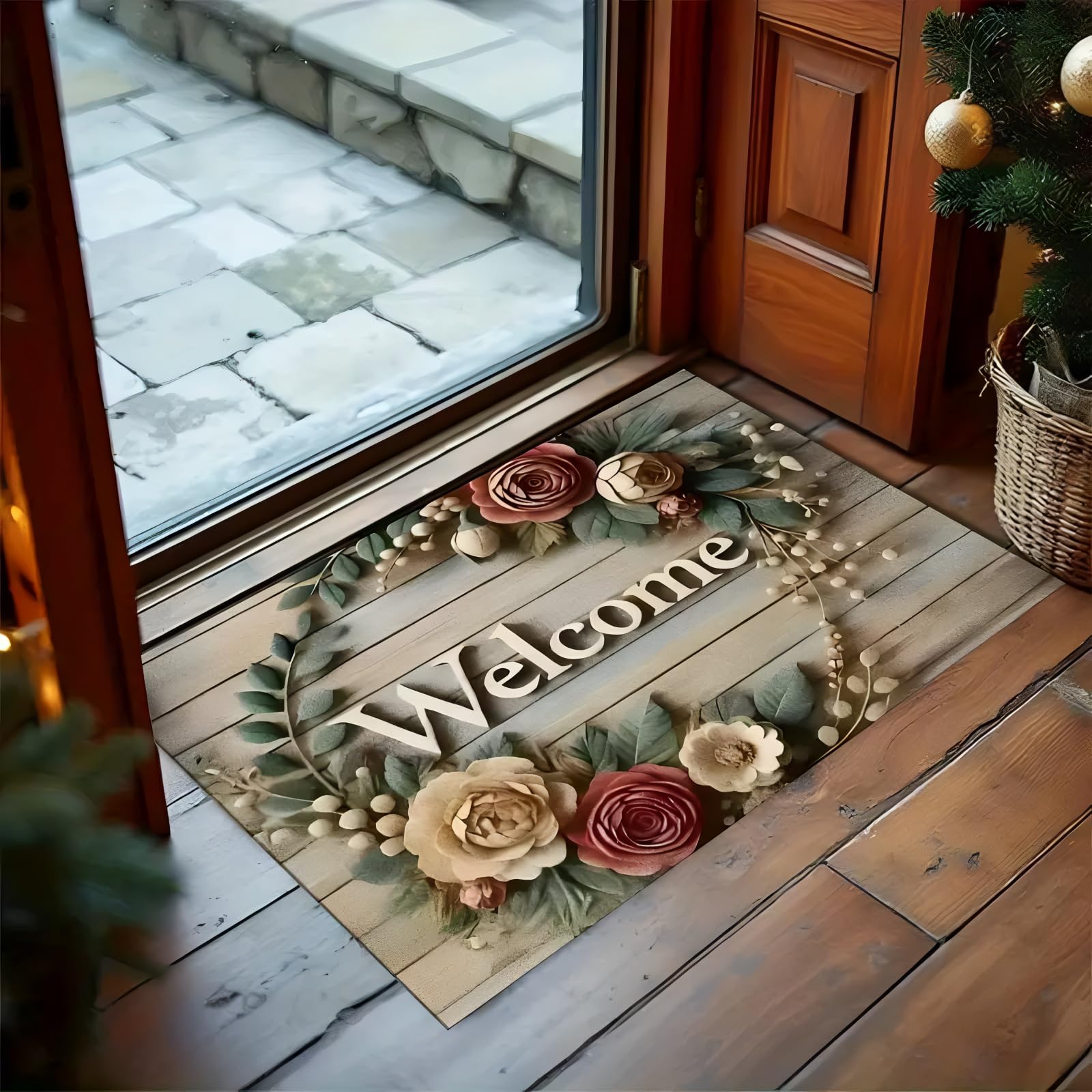 Roslen Bathroom Door Mats Non Slip Waterproof Floral Welcome Doormat For Home Entrance, Durable Front Porch Rug For Entryway, Ba