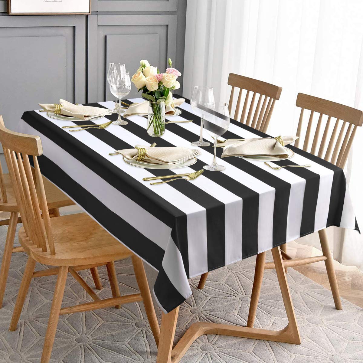 Aspmiz Black And White Striped Tablecloth For Rectangle Tables, Geometric Stripe Waterproof Table Cloth For Kitchen Dining Room,