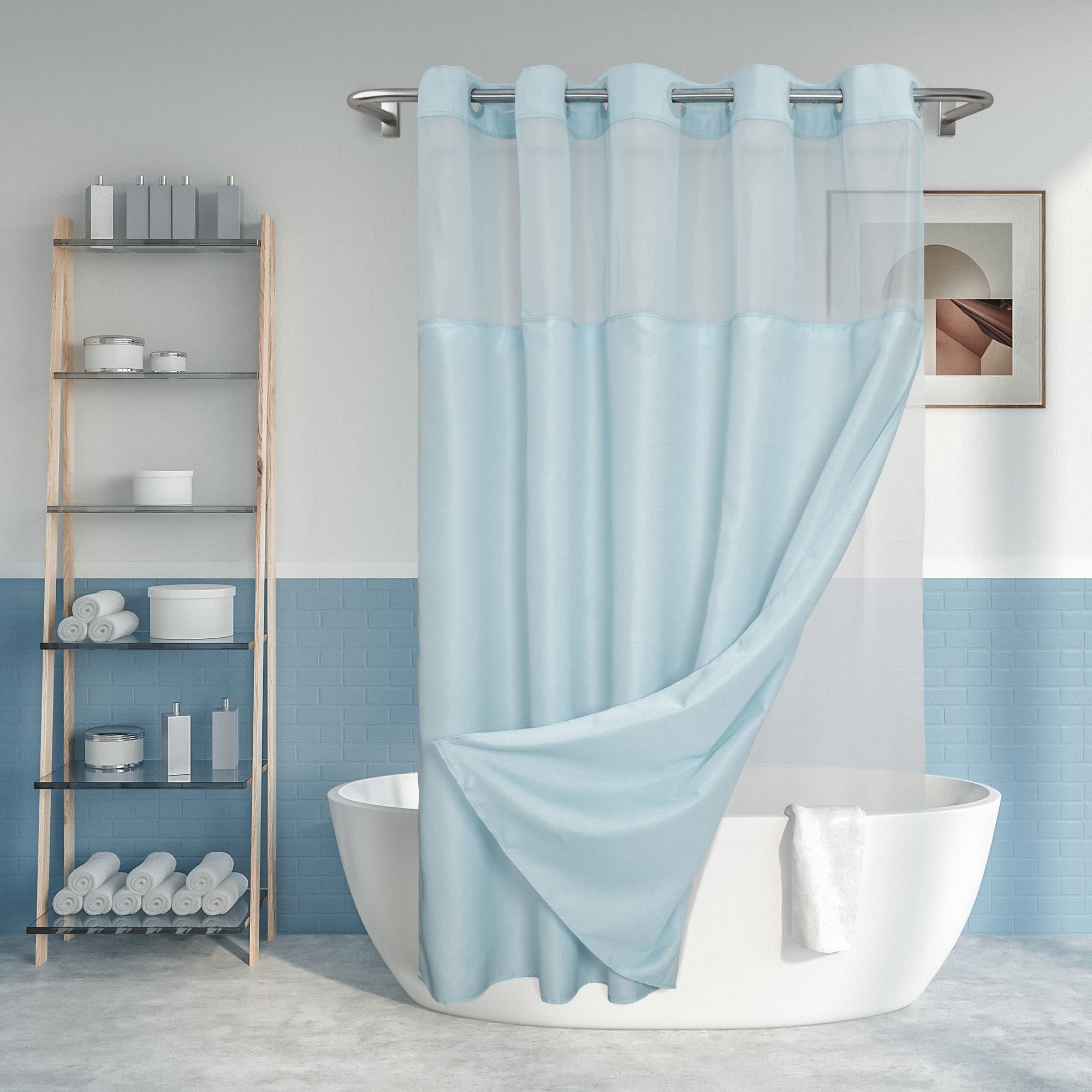 No Hook Slub Textured Shower Curtain with Snap-in PEVA Liner Set - 71'' x 74''(72'')  Hotel Style with See Through Top Window  Machine Washable & Water Repellent  Blue  71x74