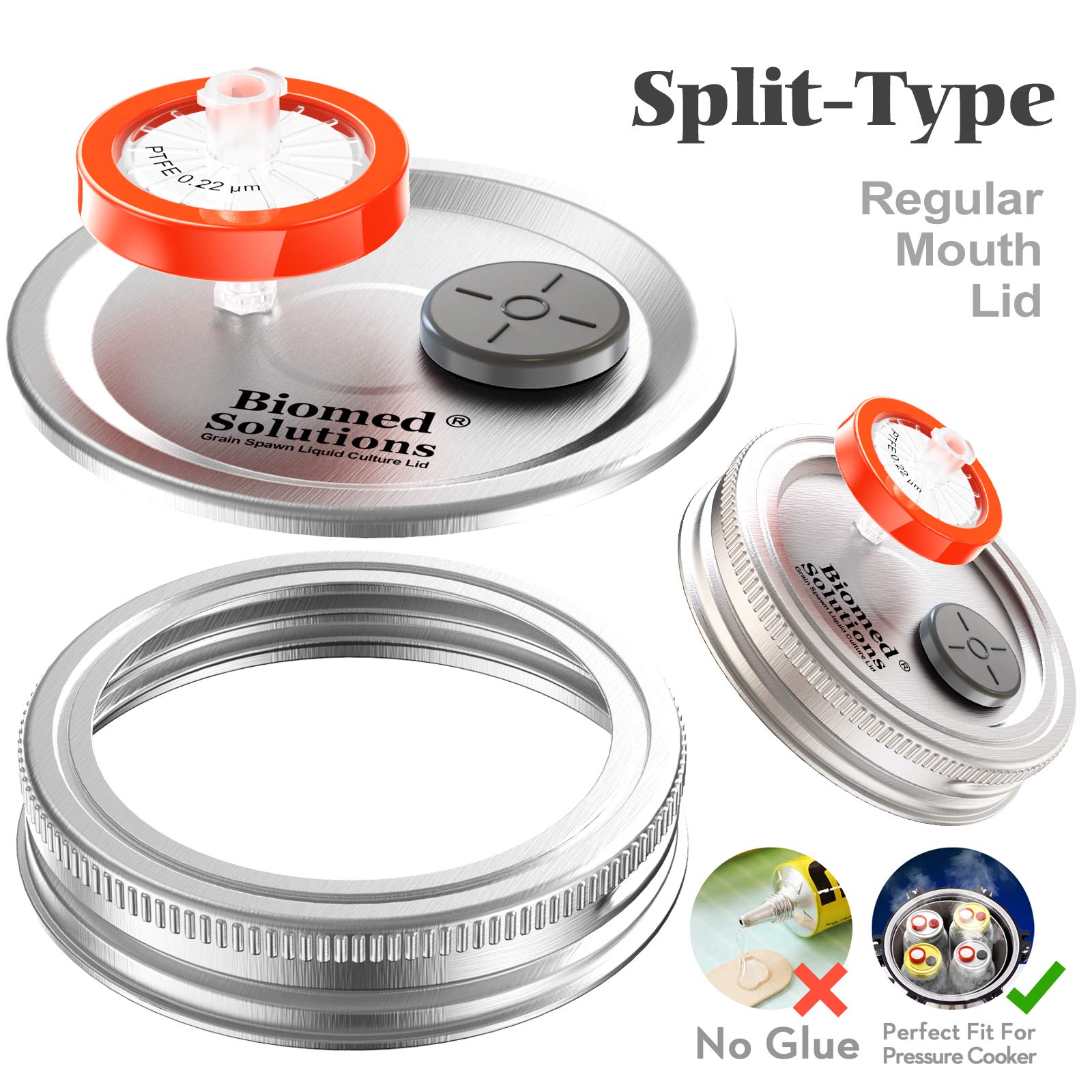 6Pcs Regular Mouth Liquid Culture Lid,Split-Type Grain Spawn Cultivation Mason Jar Lid With 0.22Um Ptfe Syringe Filter & 20Mm Se
