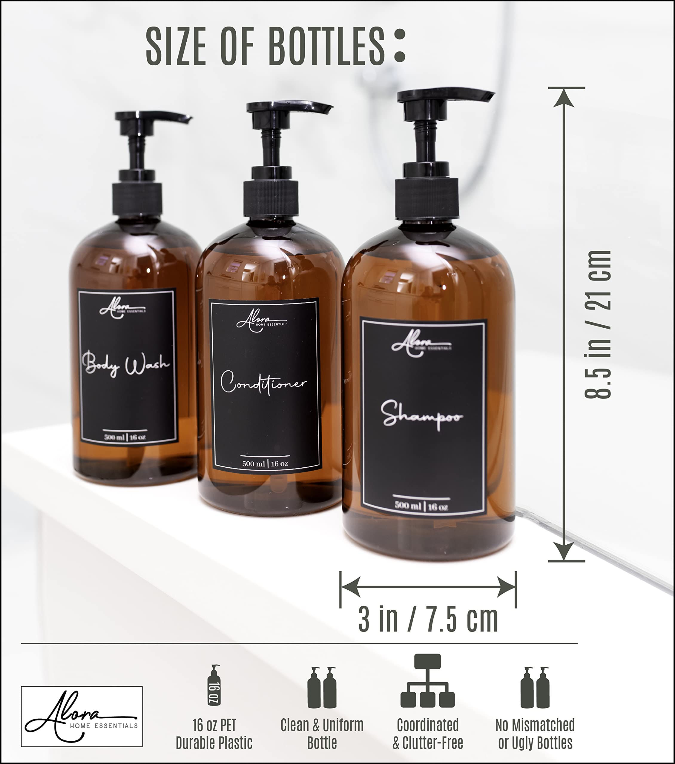 Alora 5-In-1 Apothecary Bottles For Home & Commercial Use - 16Oz Elegant 8.5X3In Refillable Amber Shampoo Storage, Handwash, Mas