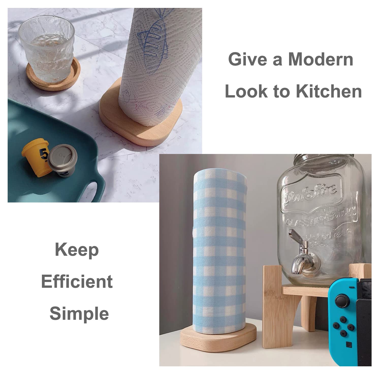 Huajie Bienstylife Paper Towel Holder, Wooden Base Kitchen Paper Hanger Rack Bathroom Towel Roll Stand Organizer Countertop Wood