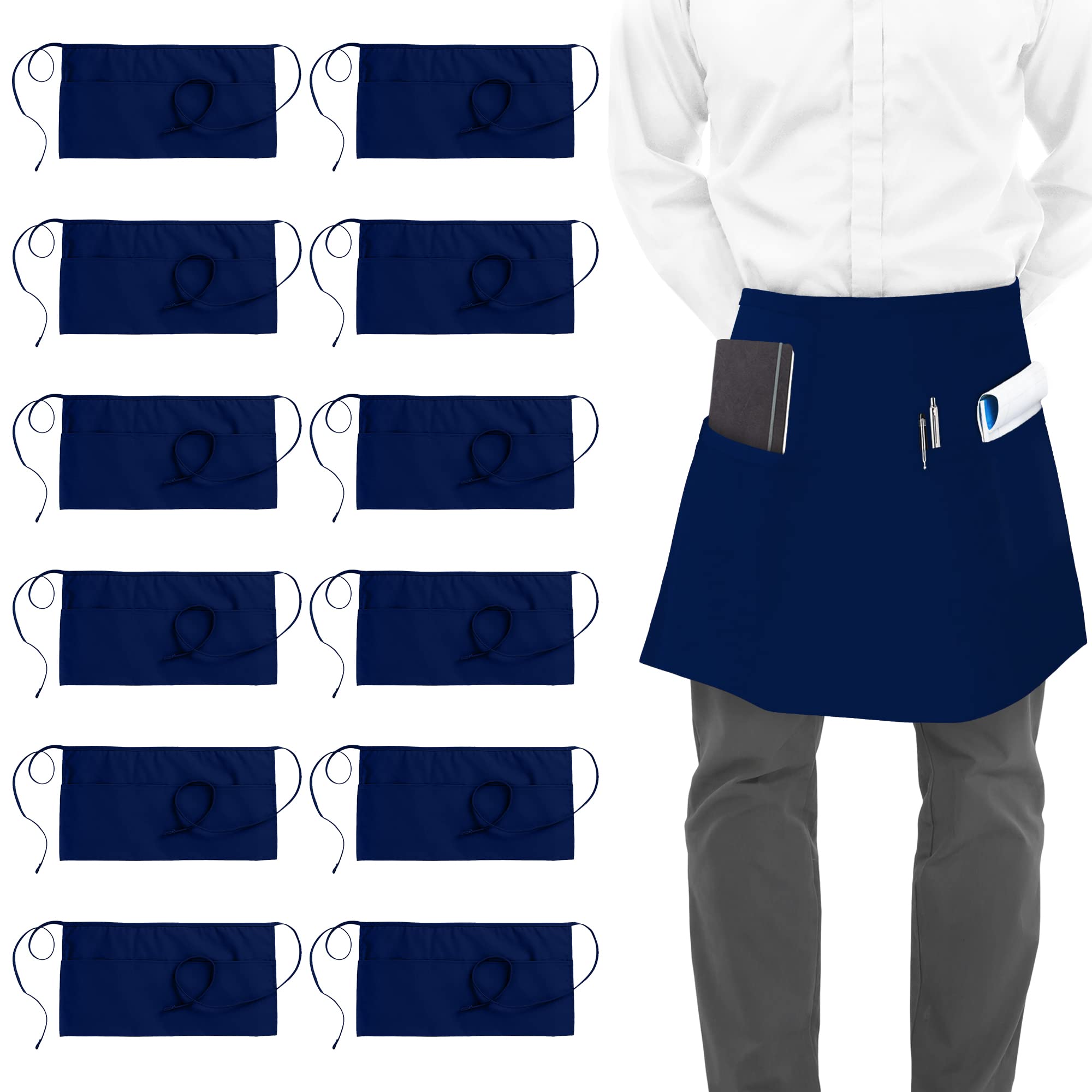 Utopia Wear 3 Pockets Waist Apron [Pack Of 12], Server Waitress Short Apron For Women Men, Kitchen, Restaurant And Crafting (Blu