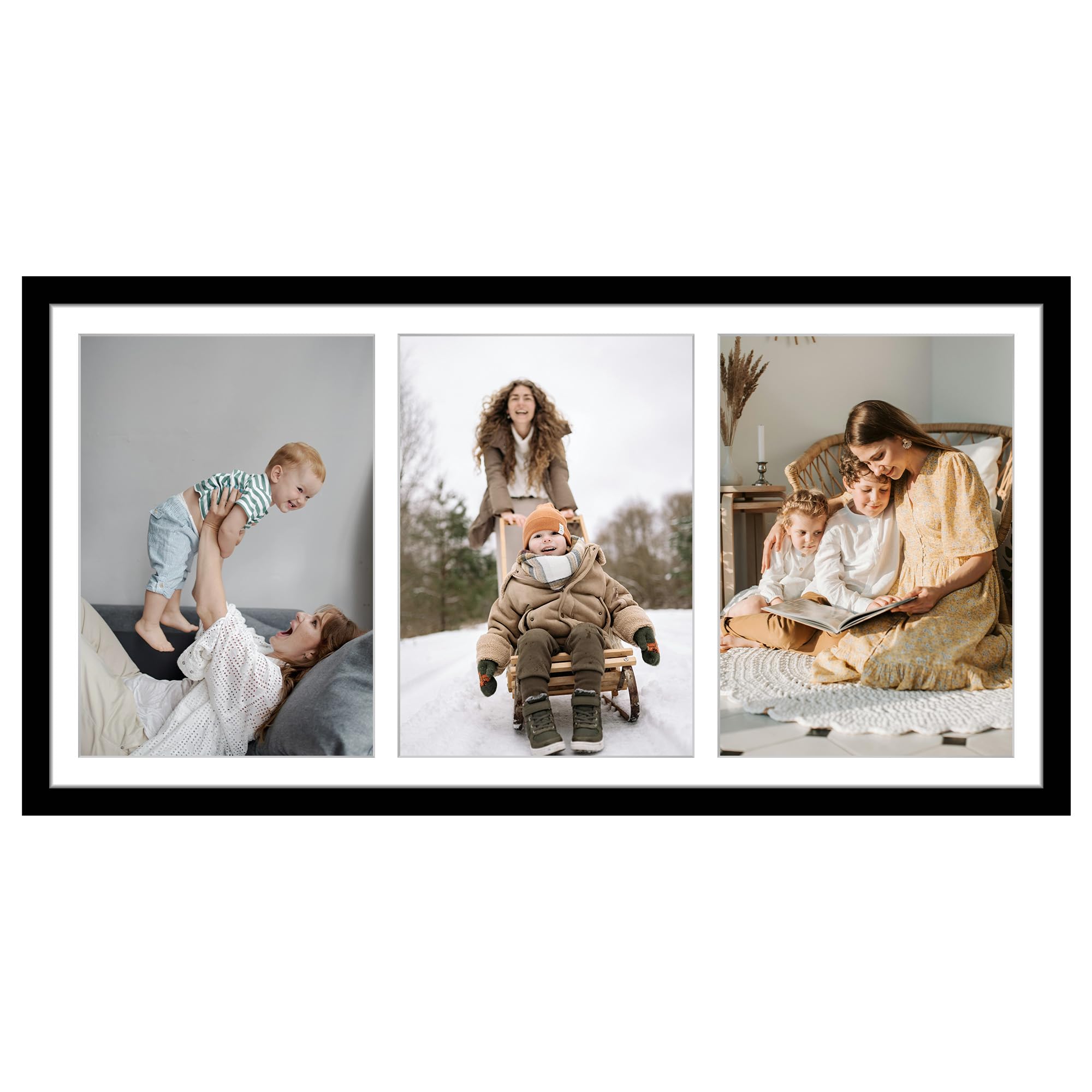 EYMPEU 5x7 Three Opening Picture Frame with Mat or 8x16 Frame without Mat, Black 3 Pciture Frame Collage for 5 x 7 Photo, Horizo