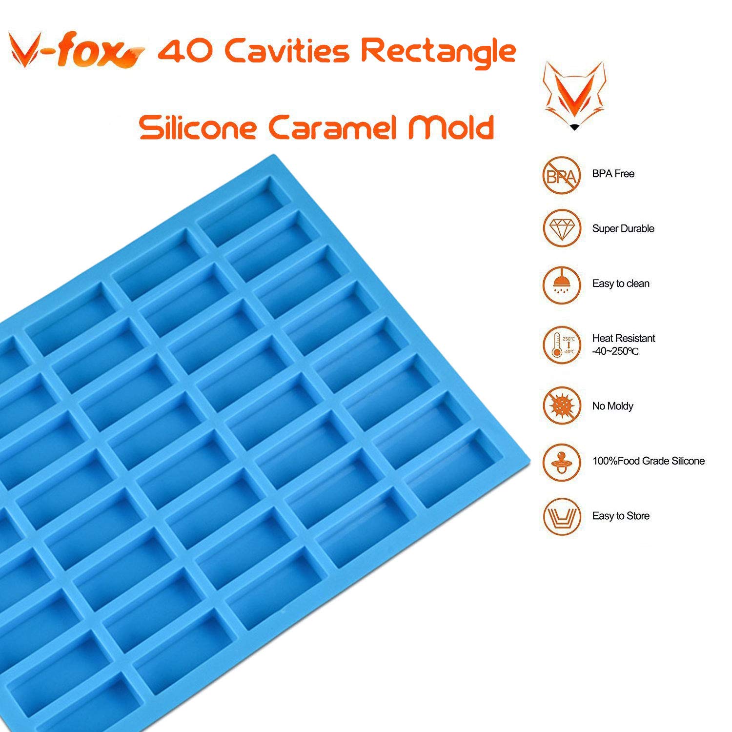 V-Fox 40 Cavities Rectangle Caramel Silicone Molds For Chocolate Truffles, Ganache, Jelly, Candy And Praline, Ice Cube Tray, Ran