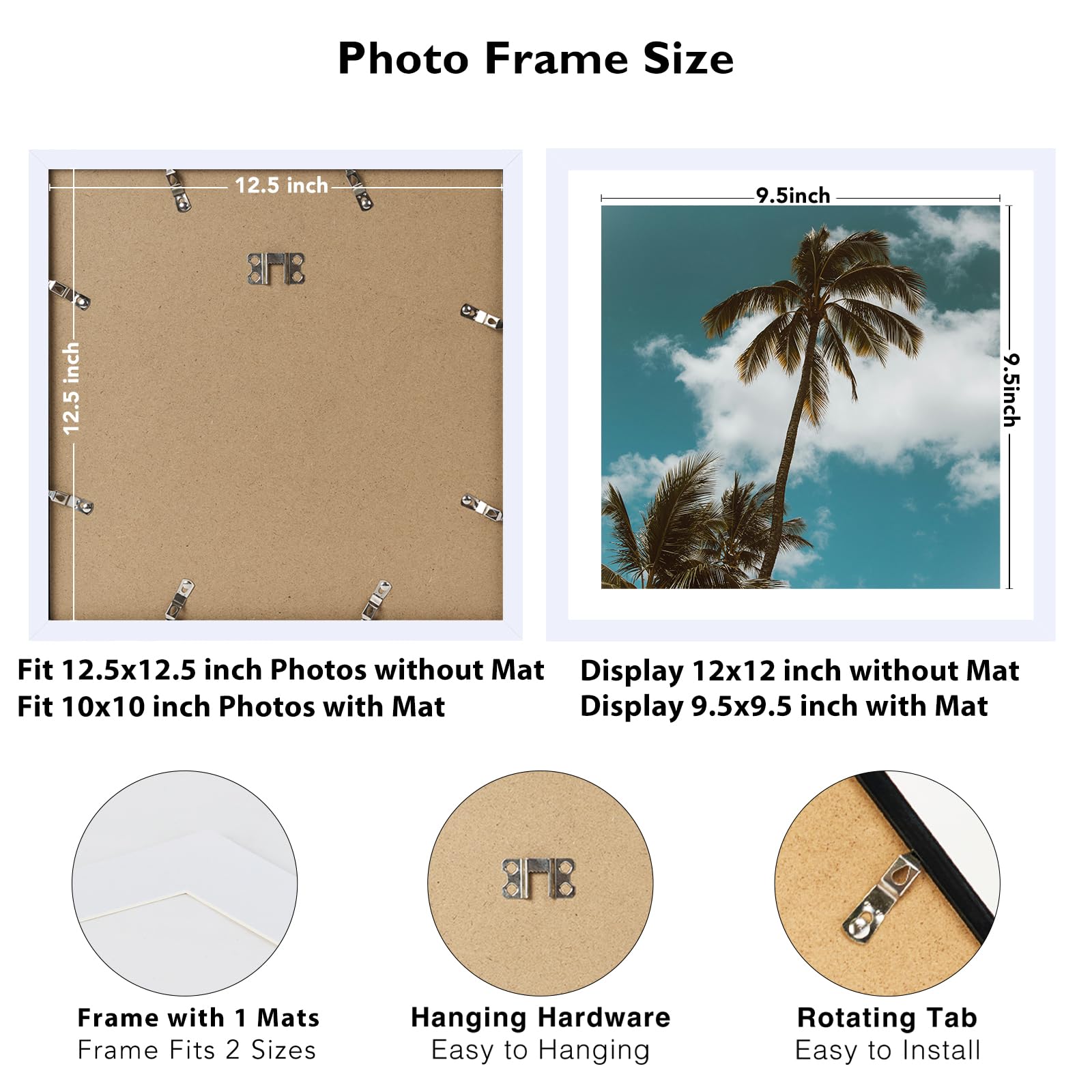 JCJMY 12.5x12.5 Picture Frame White with 10x10 Mat for Vinyl Record Album Cover Poster, Display Photo 10x10 with Mat or 12.5 x 1