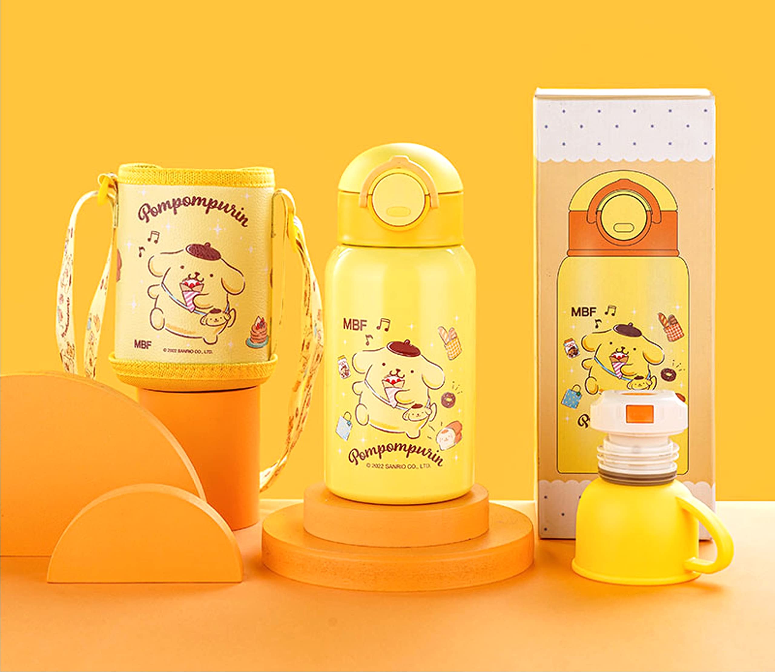 Everyday Delights Pom Pom Purin 500ml Stainless Steel Insulated Water Bottle - Yellow, Includes Cup, Straw, & Bag, Model PN2140