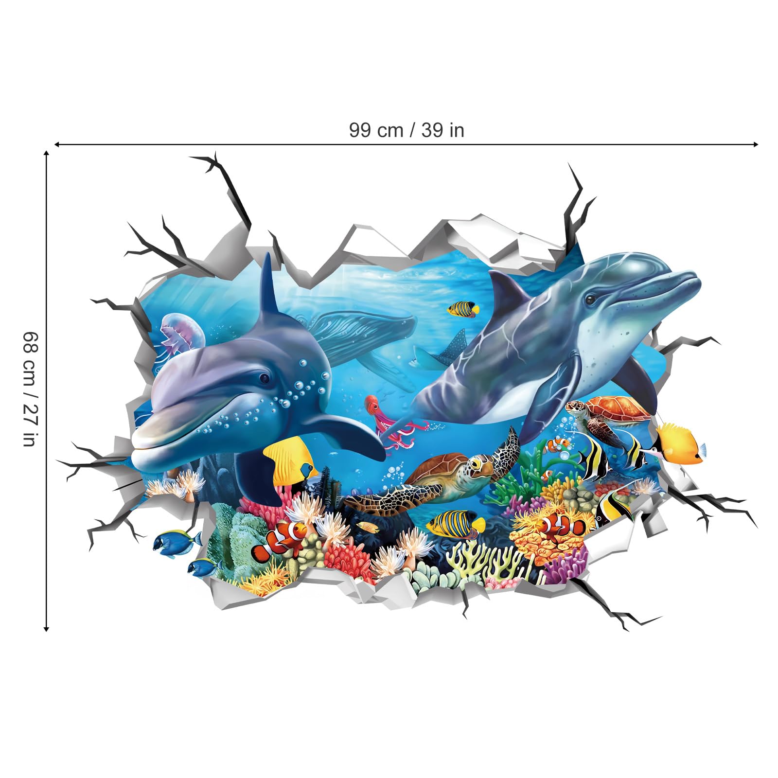 Decalmile 3D Under The Sea Dolphin Fish Wall Decals Ocean Turtle Seaweed Broken Wall Stickers Boys Bedroom Living Room Bathroom