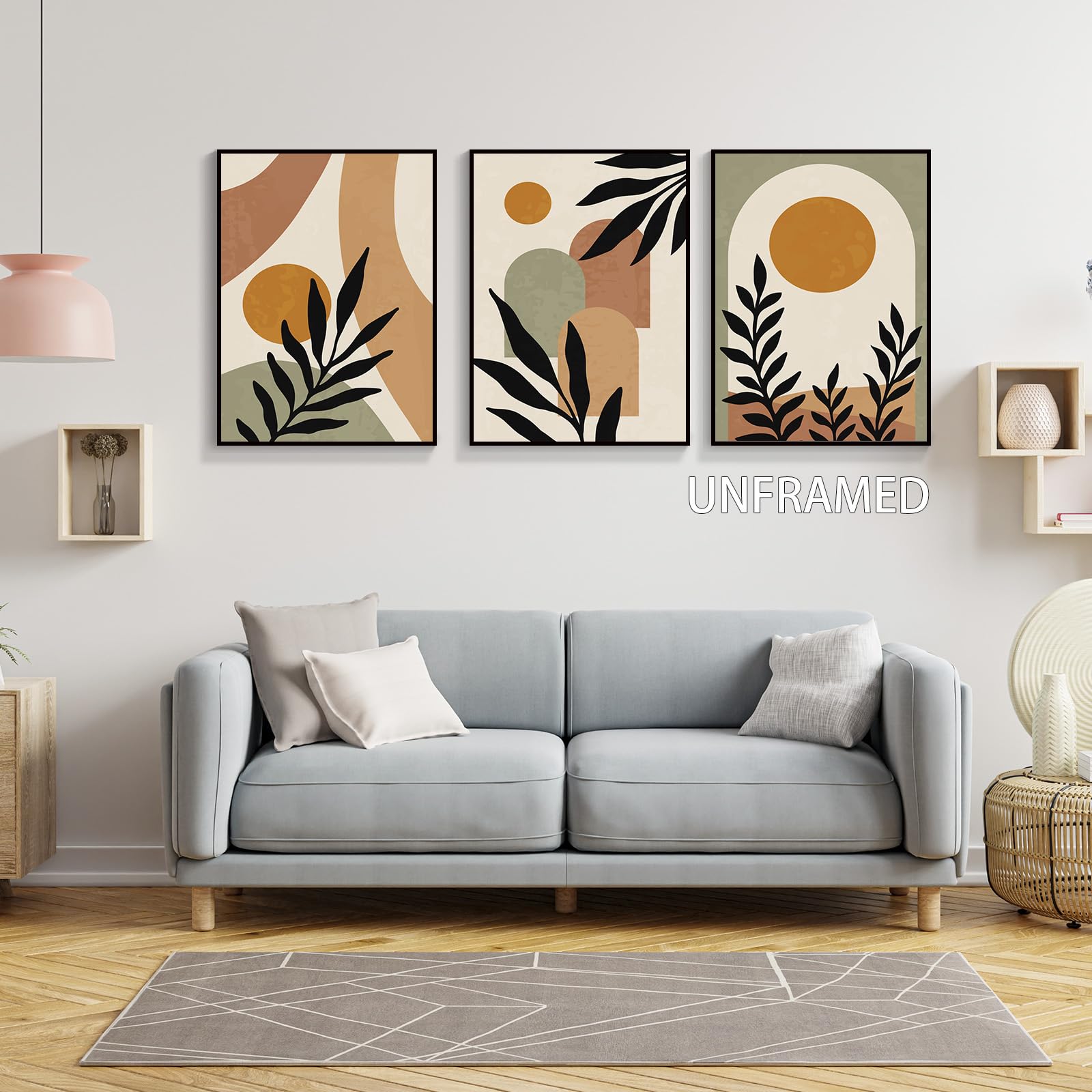 Dfaiuy Minimalist Boho Abstract Canvas Wall Art Mid-Century Modern Beige Set Of 3 Poster Neutral Geometric Line Sun Floral Print