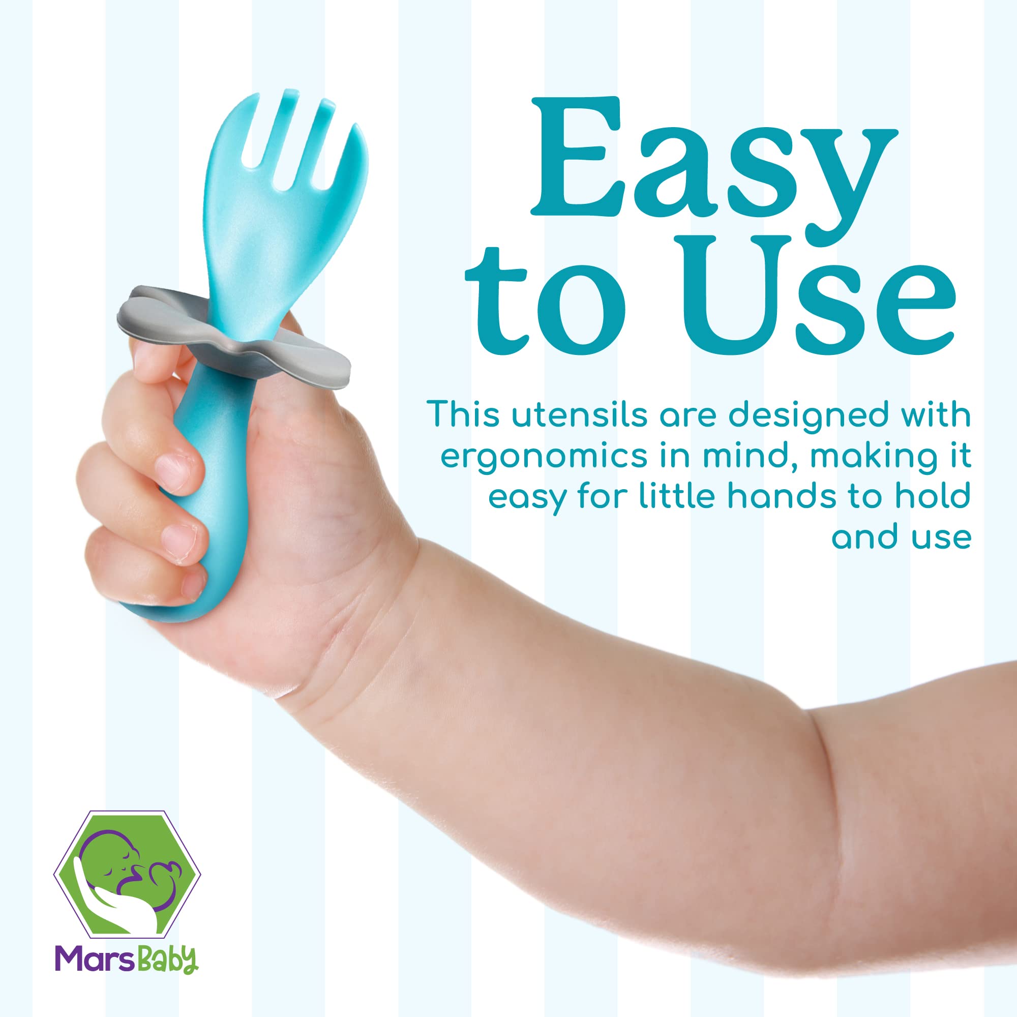Mars Baby Flower Design Baby and Toddler Self-Feeding Training Utensils - Easy to Hold and Use Led Weaning, Protective Choke Bar