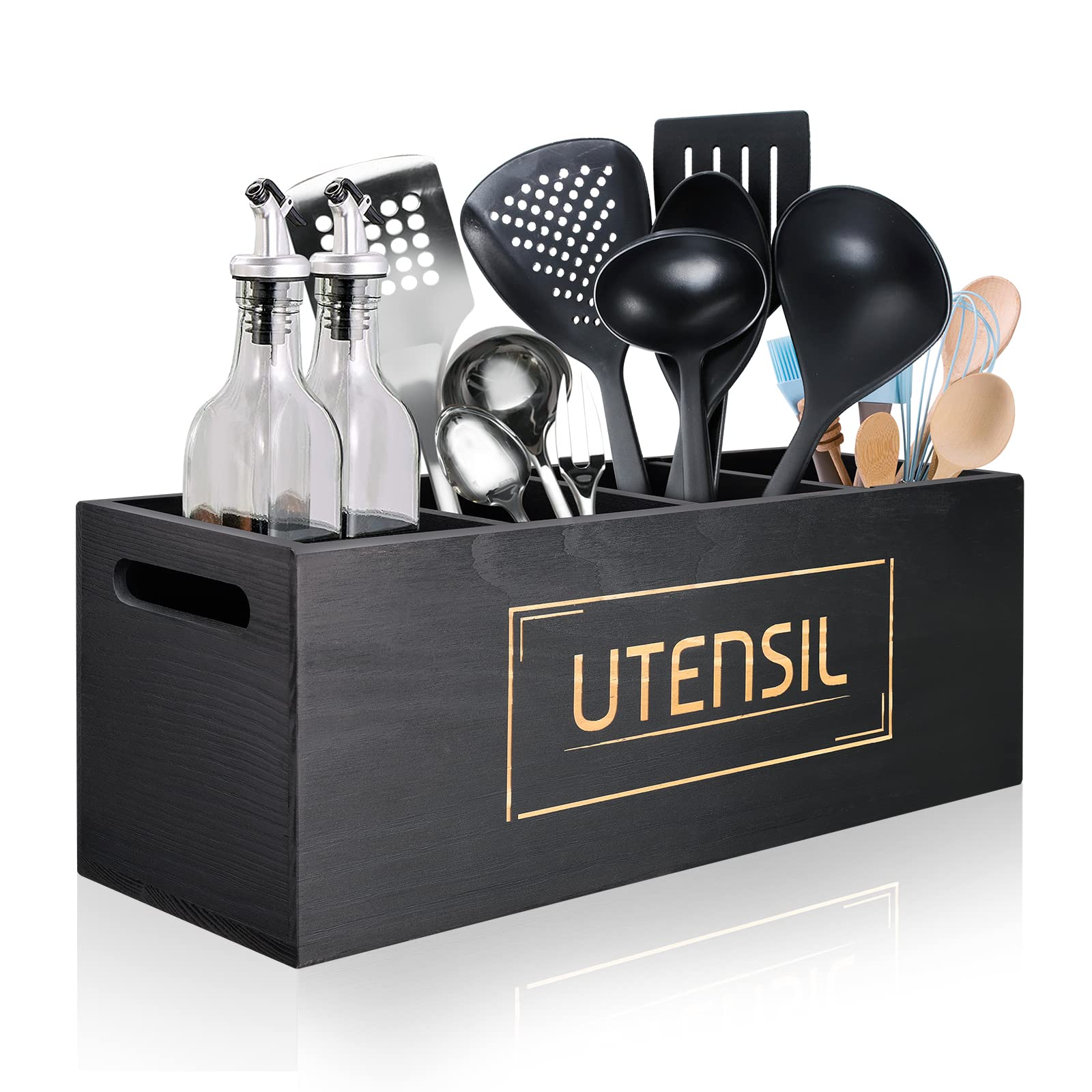 Utensil Holder Extra Large Utensil Organizer With 4 Compartments, Wooden Rustic Utensil Crocks For Kitchen Counter, Farmhouse Co