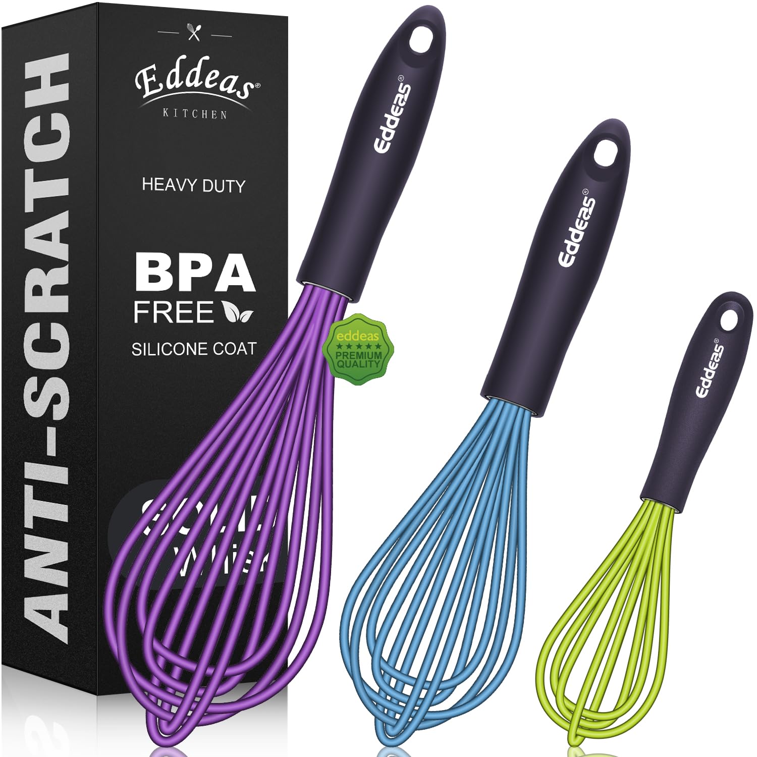 Silicone Whisk, Eddeas Non Scratch Coated Whisks For Cooking Baking Balloon Wisk, Kitchen Whisk Set Of 3 Size 7.5''+ 9'' +11''