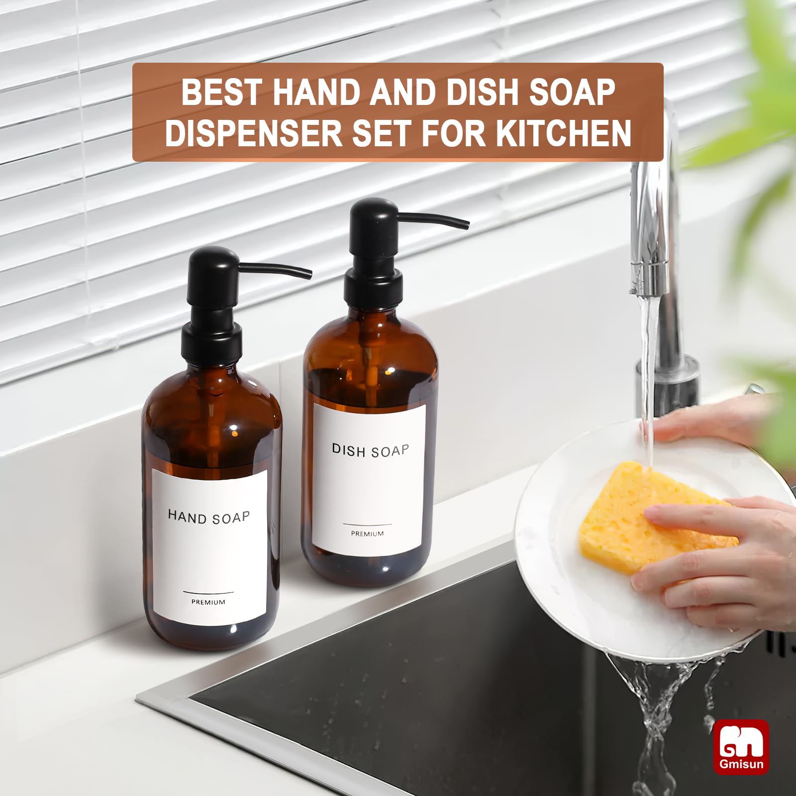 Gmisun Amber Glass Soap Dispenser, 4 Pack Bathroom Hand Soap Dispenser With Stainless Steel Pump, 16 Oz Kitchen Hand And Dish So