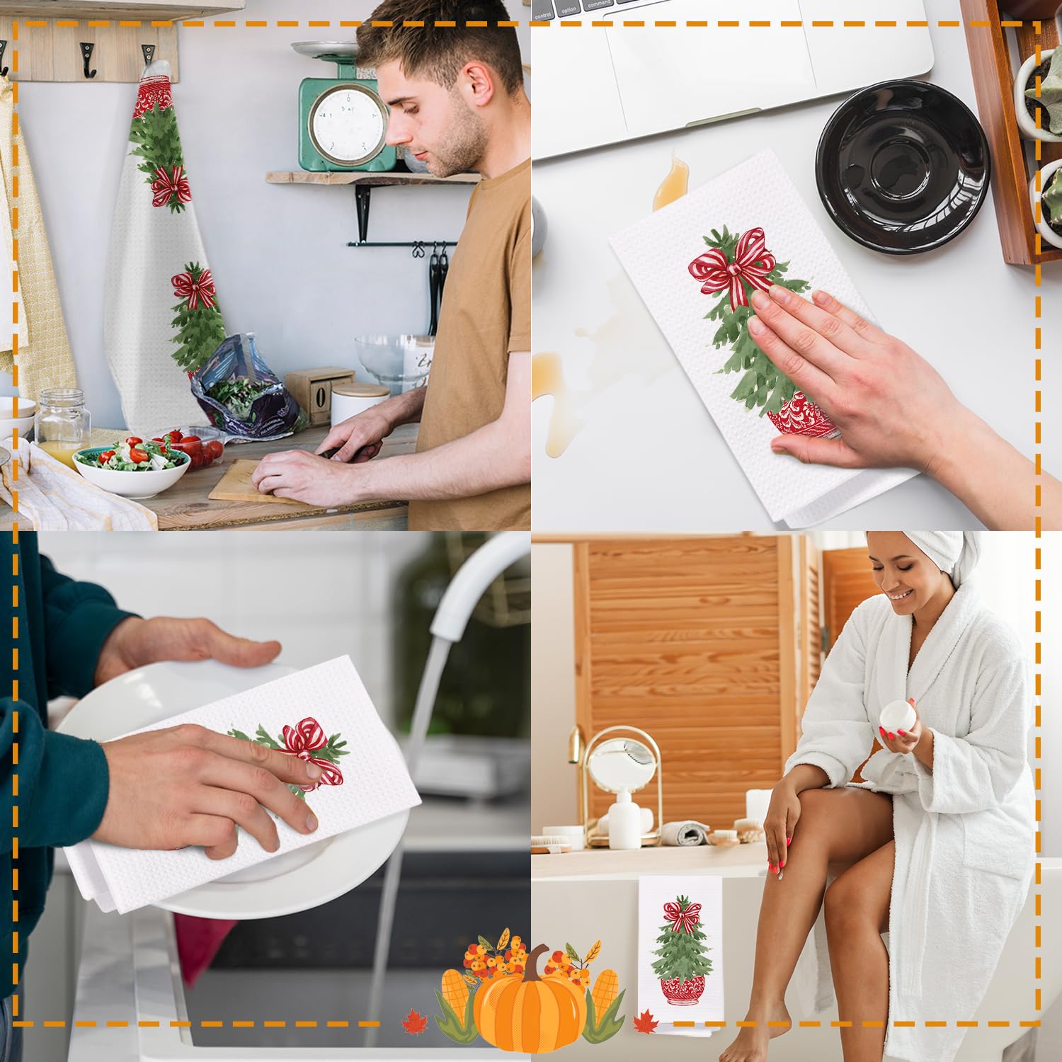 Chinoiserie Christmas Tree Kitchen Towels, Christmas Red Stripe Bow Decorative Hand Towels For Bathroom, Christmas Dish Towels F