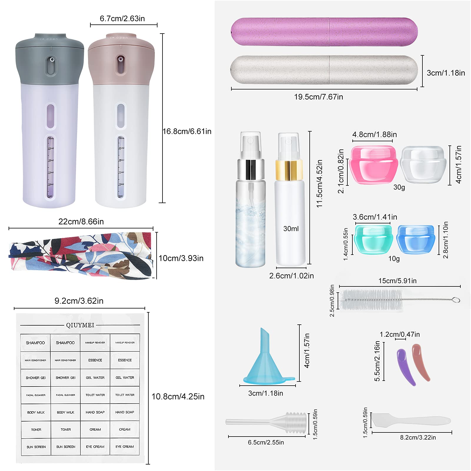 Qiuymei 19 Pack Travel Bottles Set, Leak Proof Travel Accessories, Refillable Travel Size Toiletries Containers For Shampoo,Sani