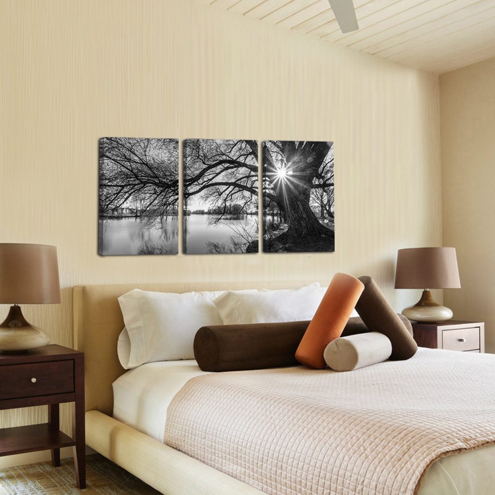 Sechars - Canvas Prints Wall Art Black And White Tree In Sunrise Canvas Wall Art Lake Landscape Picture Giclee Print On Canvas F