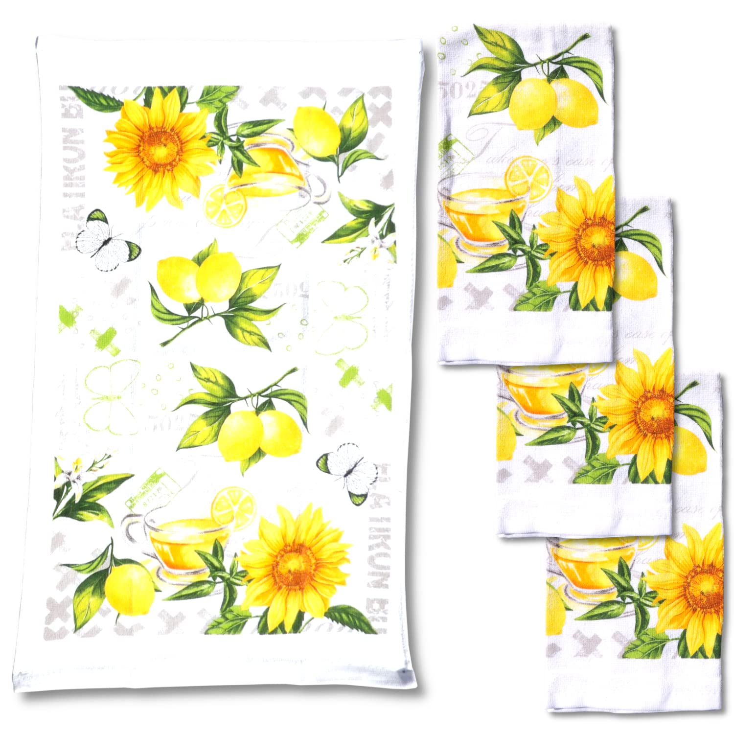 Lobyn Value Packs 4 Pack Absorbent Lightweight Kitchen Dish Towels 15X25 Cotton Poly (Lemon Flowers)