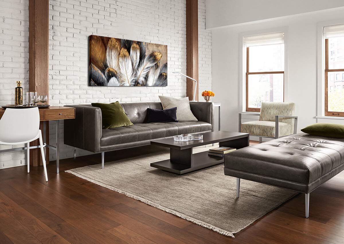 Feather Canvas Wall Art Modern Living Room Bedroom Wall Decoration Large Giclee Print Canvas Painting Artwork for Home Decor One Piece White Gold Brown Feather Picture Ready to Hang 24x48 Size