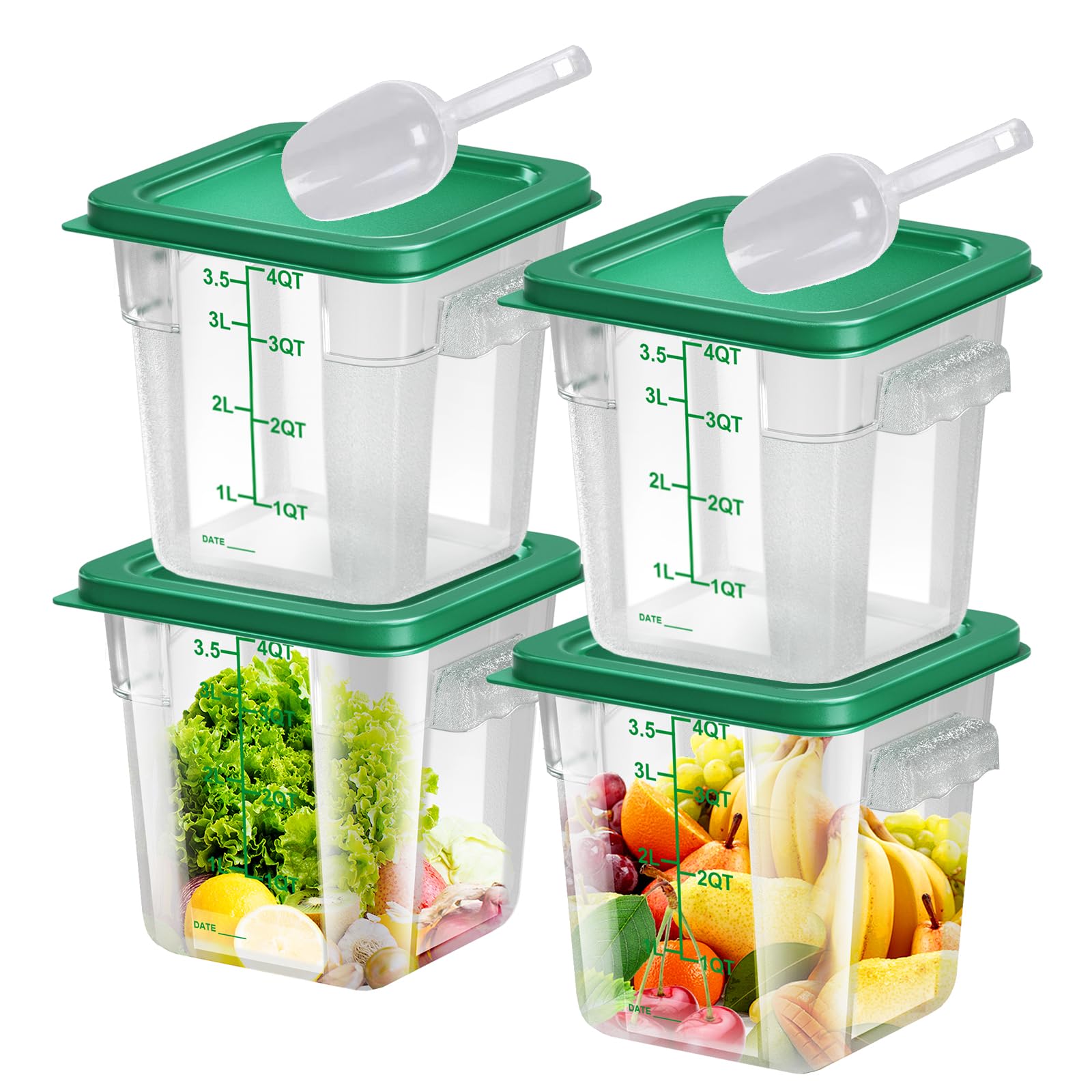 4 Pcs 4Qt Food Storage Containers With Lid, Square Clear Commercial Containers With Handle And Scale For Food Storage In Home Di