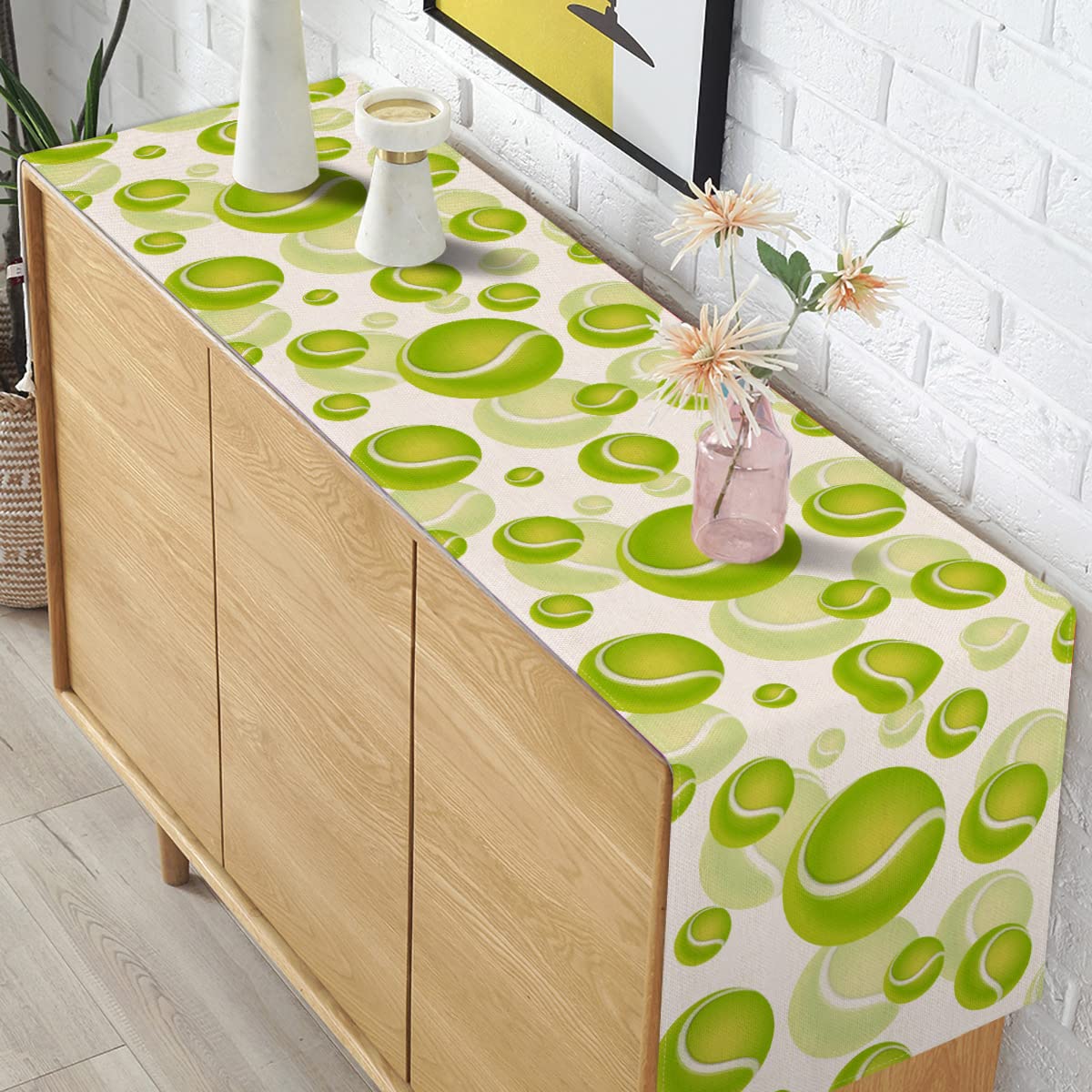 Pudodo Tennis Ball Table Runner Sport Baby Shower Tablecloth Tennis Themed Birthday Party Kitchen Dining Room Home Decoration (1