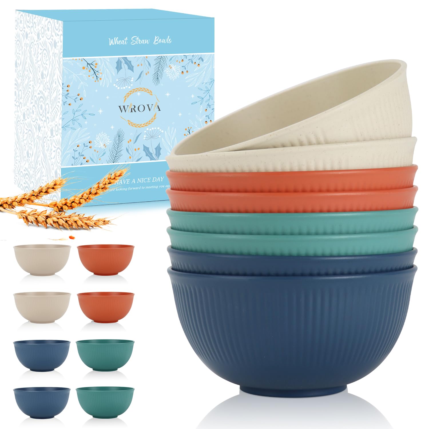 Wrova Wheat Straw Bowl Sets,8 PCS Unbreakable Cereal Bowl 26 OZ,Microwave and Dishwasher Safe Bowls,Alternative Plastic Bowls fo