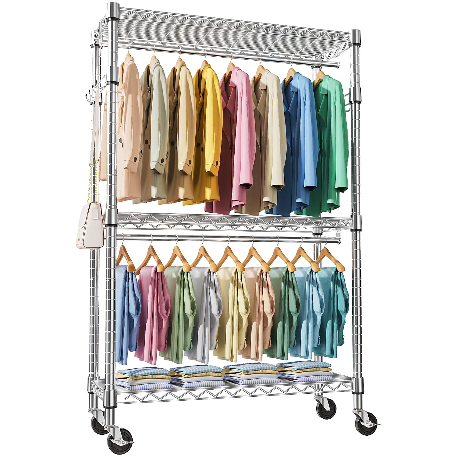 Mzg Heavy Duty Rolling Garment Rack 3 Tiers Adjustable Wire Shelving Clothes Rack With 2 Rods And Side Hooks, Storage Closet Clo