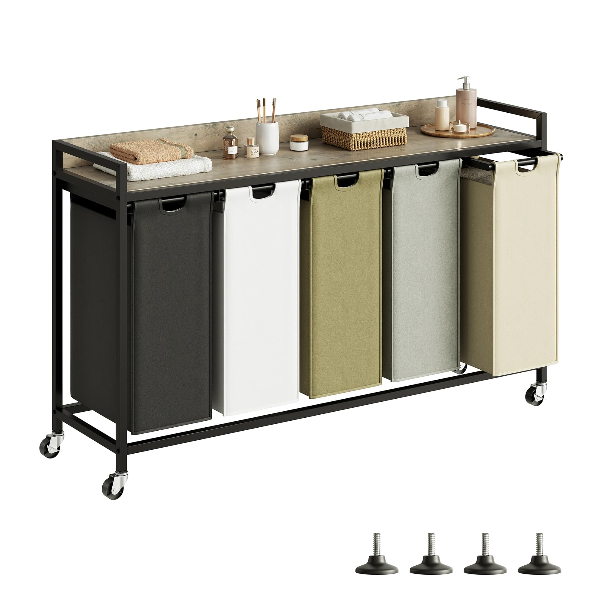 Herture Laundry Hamper With Shelf, Laundry Basket 5 Section, Laundry Sorter With Pull-Out Removable Large 5 Color Bags And Movab