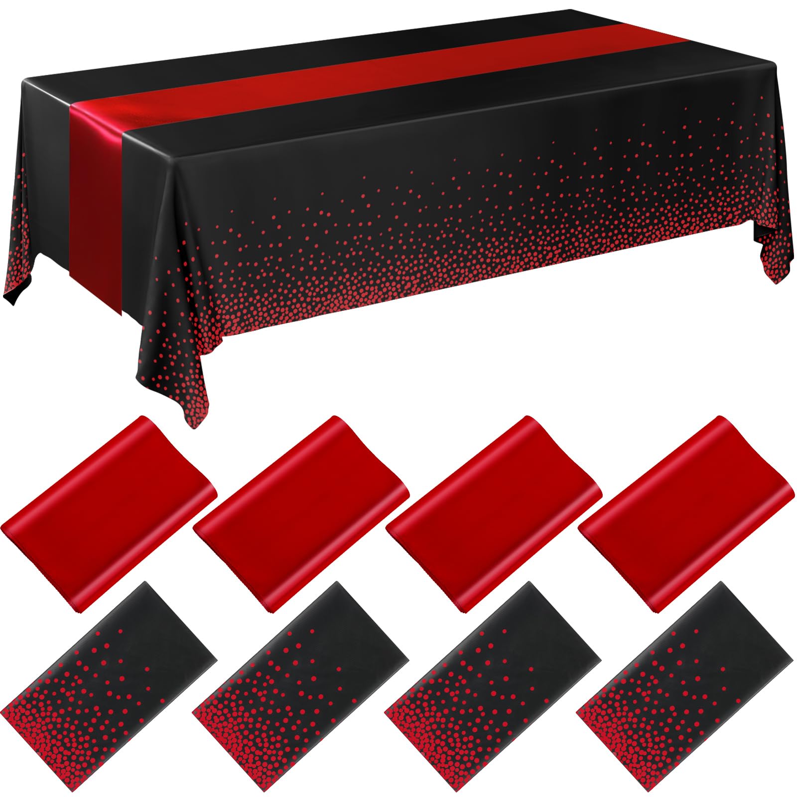 Breling 8 Pack Black and Red Disposable Plastic Tablecloths and Satin Table Runner Set, 54 x 108 Inch Tablecloth, 12 x 108 Inch 