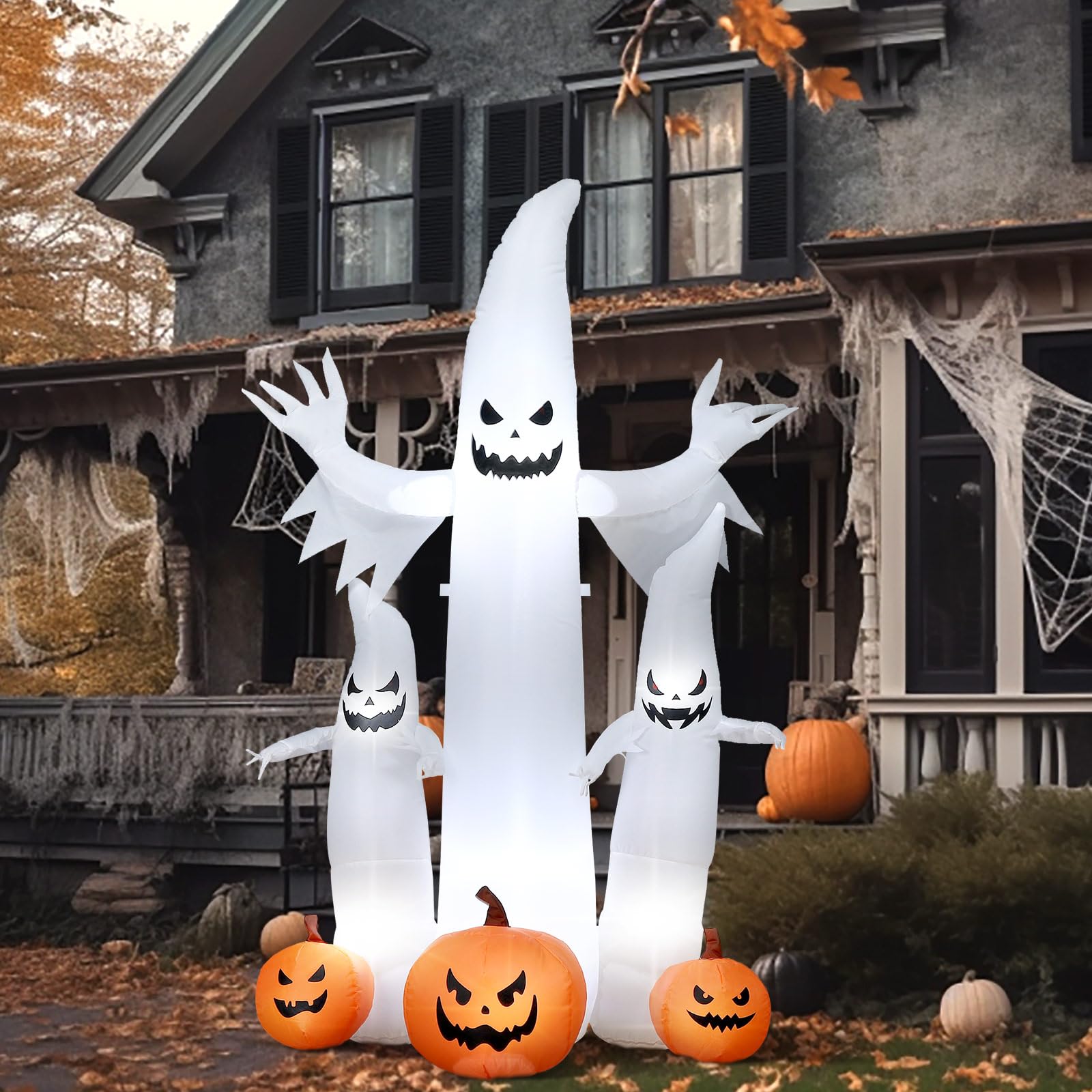 Bencailor 4.8 Ft Halloween Ghost Inflatable Outdoor Decorations Bow up Ghost with Pumpkin Built in LED Lights for Halloween Yard