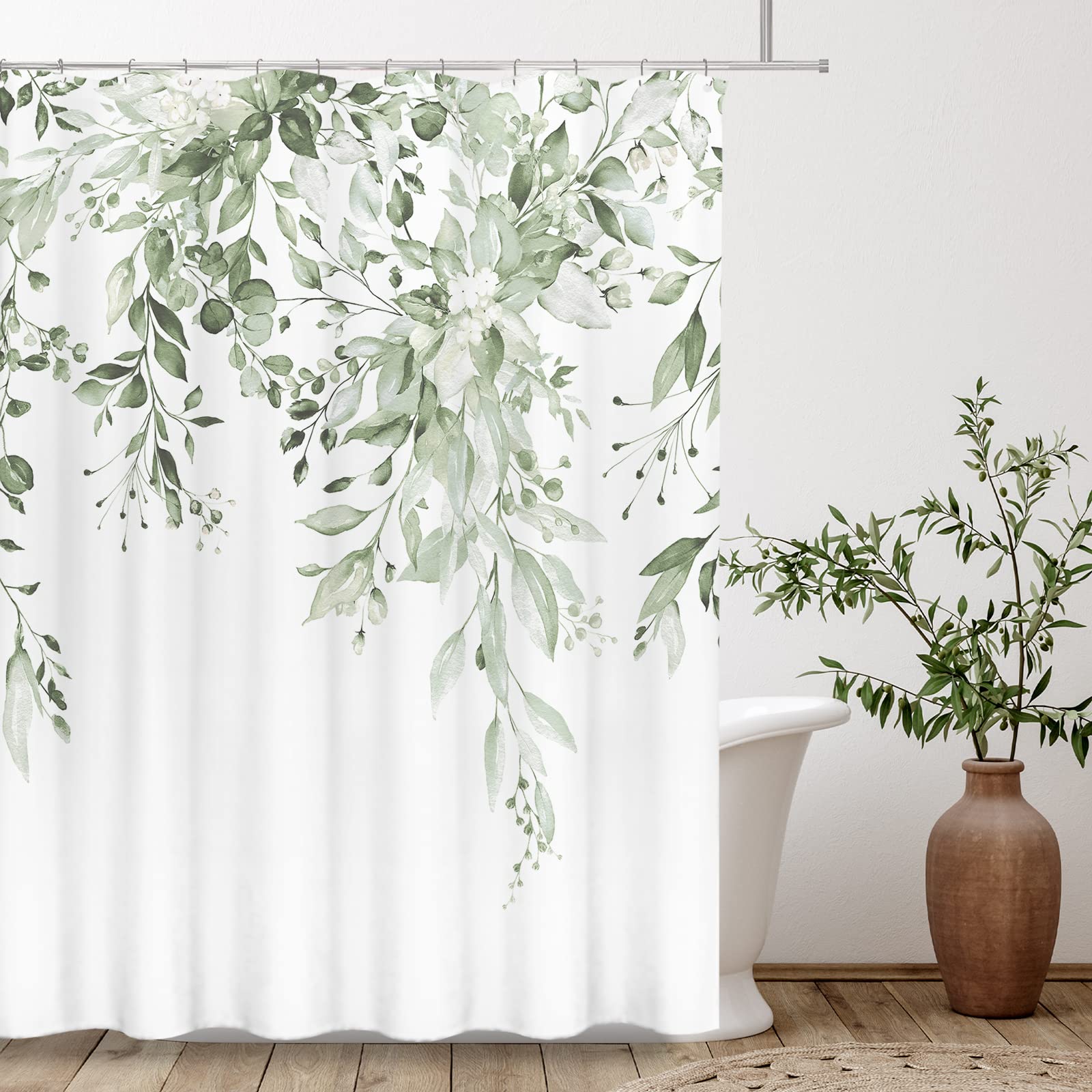 Tititex Lime Light Green Eucalyptus Shower Curtain Sets, Watercolor Leaves On The Top Plant With Floral Bathroom Decoration 60X7