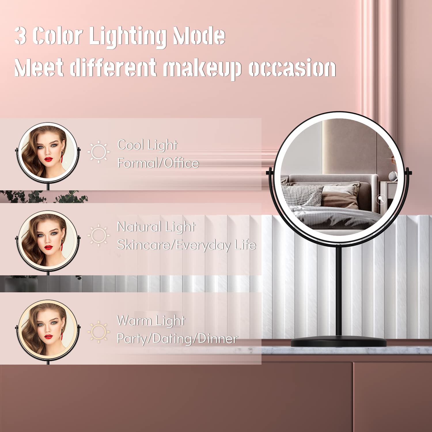 Wizchark 8    Lighted Makeup Mirror, 1X 10X Magnifying Mirror With Light, Double Sided Vanity Mirror With Lights, 3 Color Led Di