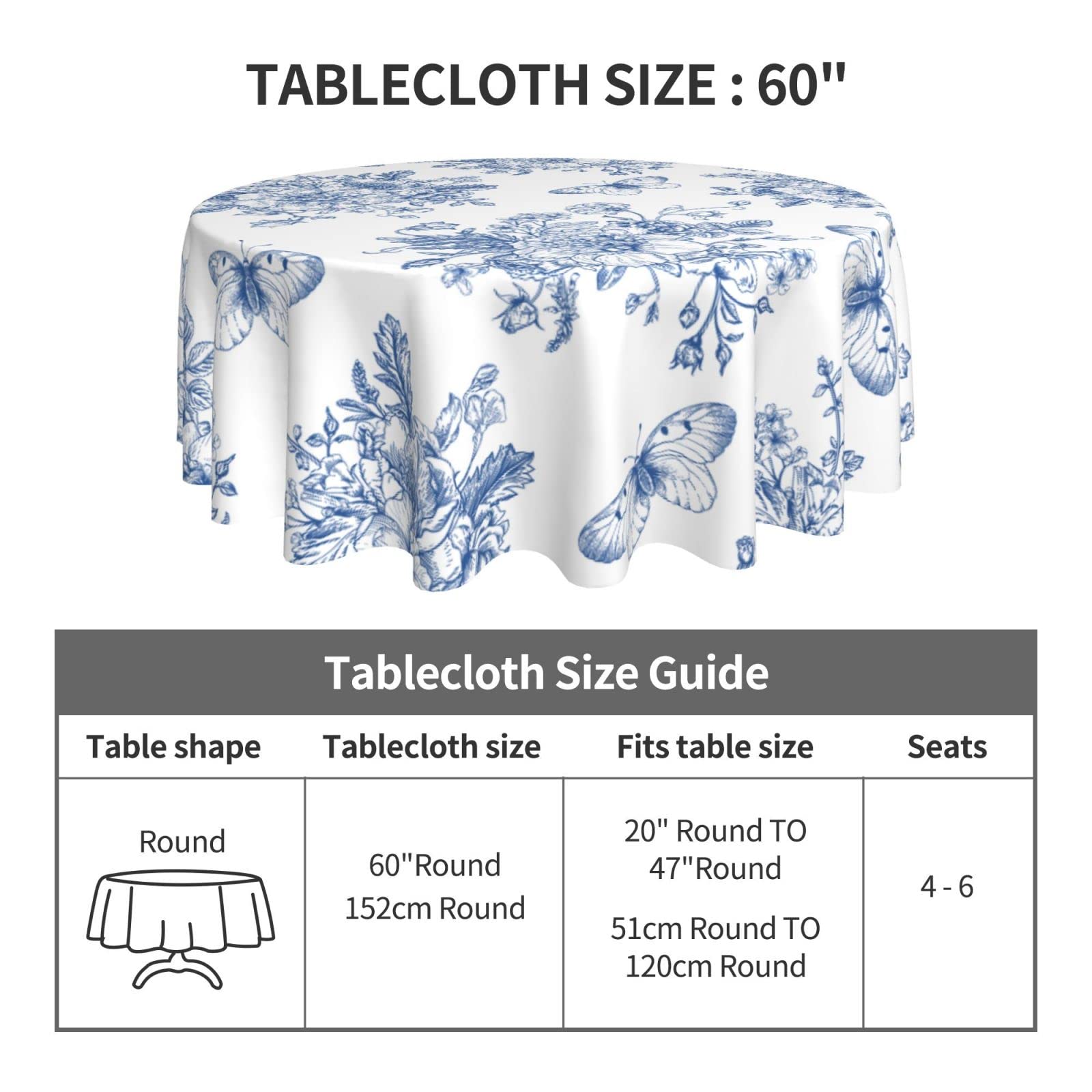 Spring Floral Tablecloth Round 60 Inch Ruitic Butterfly Table Cloth Waterproof Fabric Farmhouse Blue White Flower Tablecloths De