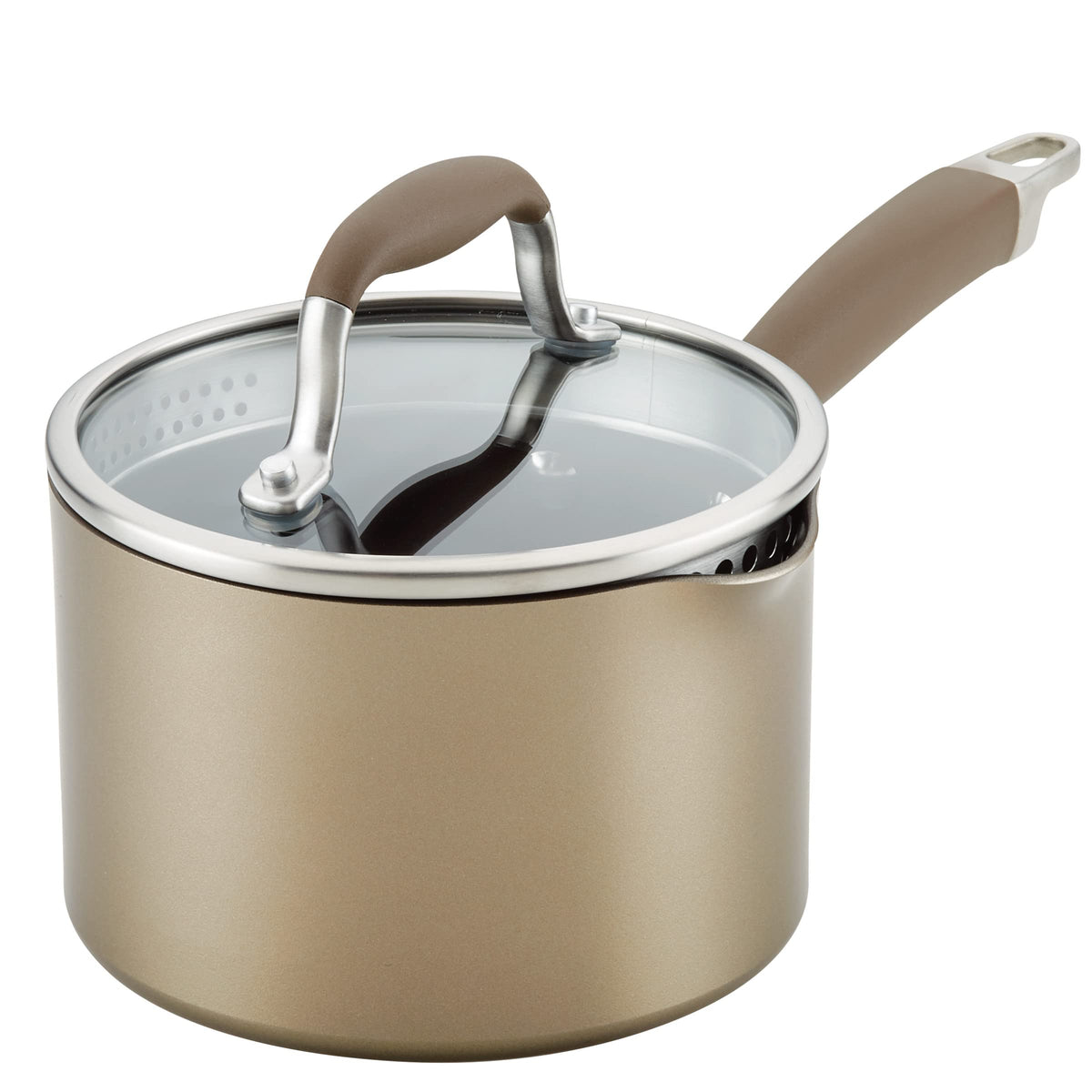 Anolon Advanced Home Hard Anodized Nonstick Sauce Pan/Saucepan With Straining And Lid, 2 Quart (2 Qt Straining Saucepan, Bronze)