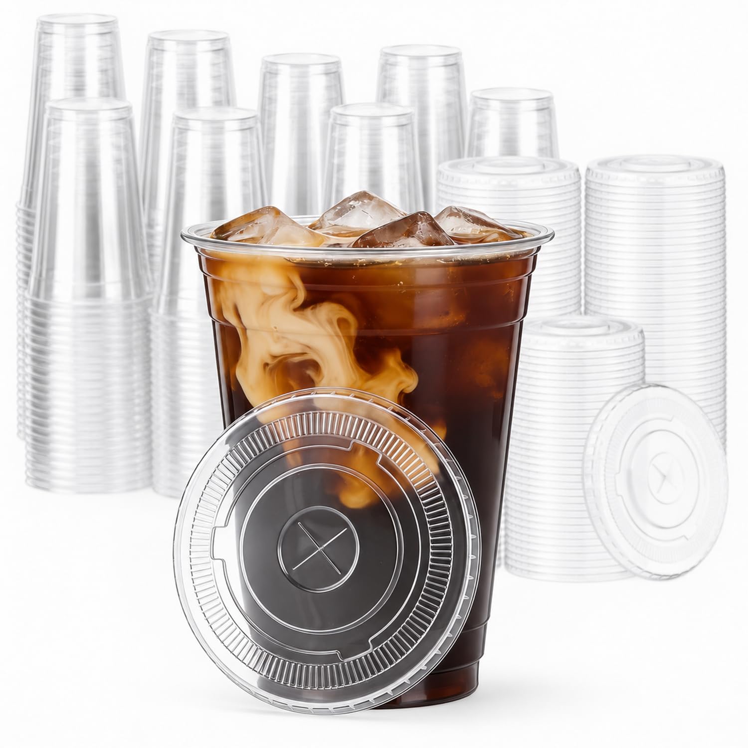 Medorra 16 oz Clear PET Plastic Disposable Cold Cups with Flat StrawSlot Lids, 1000 Count Bulk Case for Iced Coffee, Smoothies,