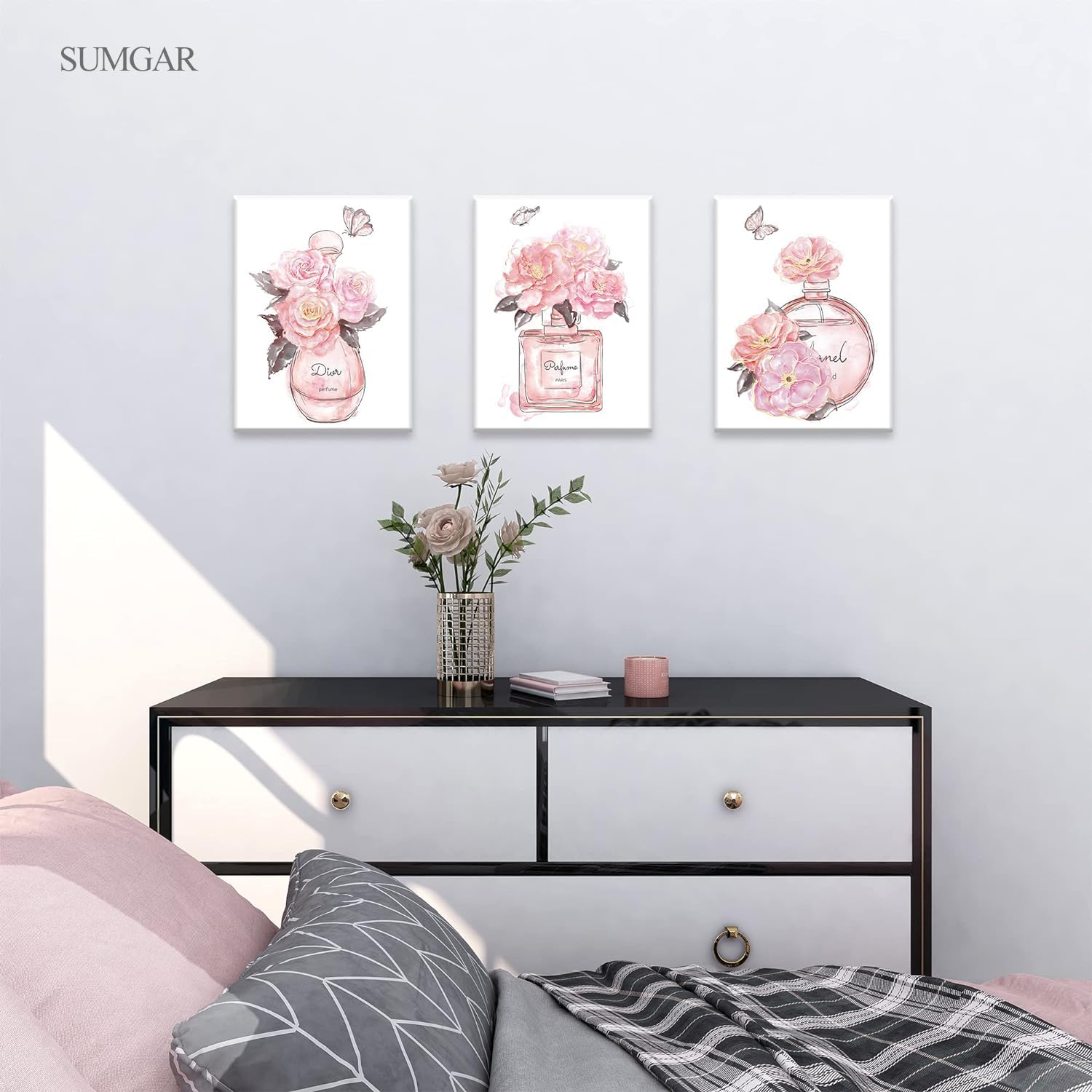 Sumgar Pink Wall Art Girls Bedroom Wall Decor Fashion Perfume Flower Butterfly Pictures Blush And Grey Framed Canvas Paintings F