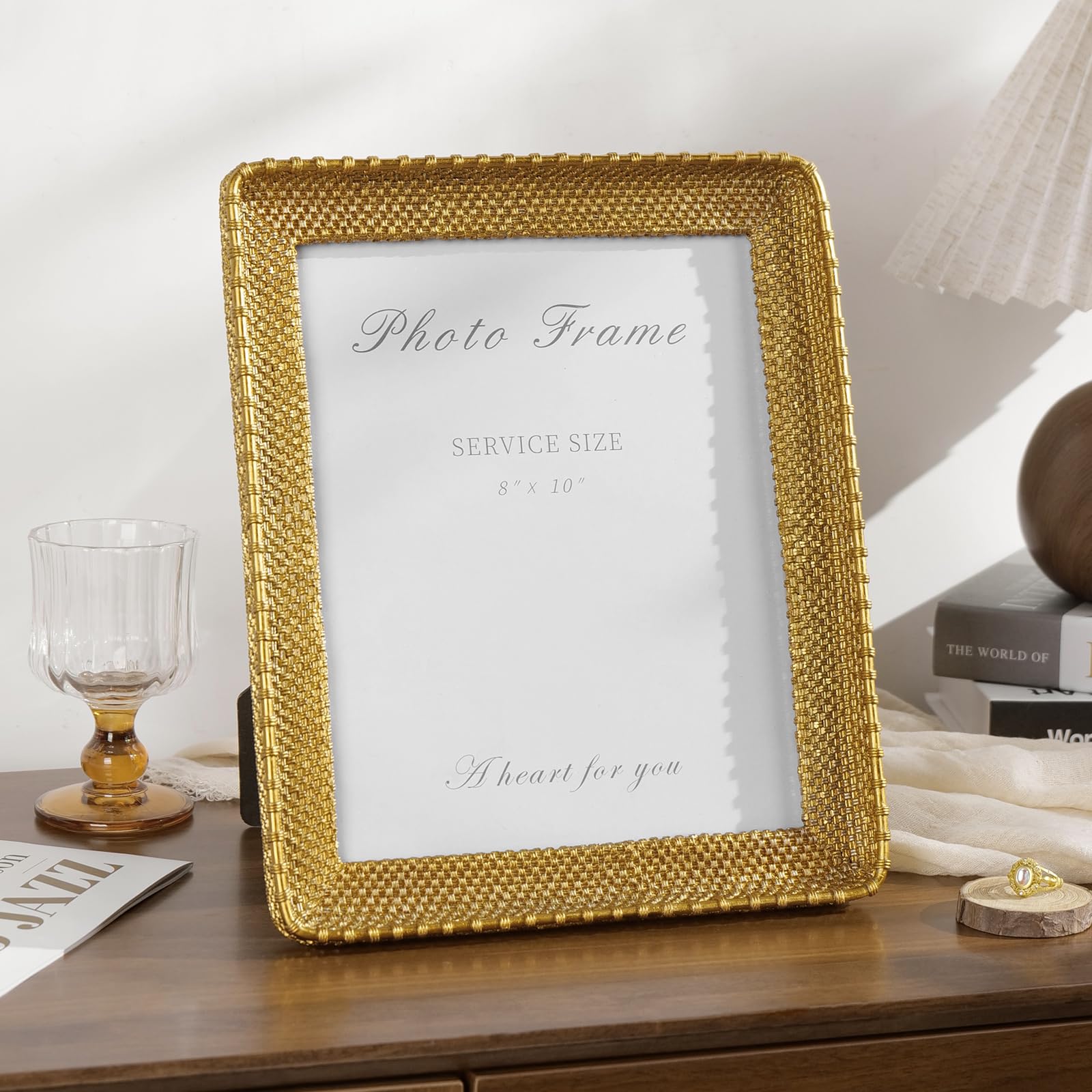 Cuspin 8x10 Picture Frame Gold, Vintage Gold Frames Rattan Textured Hand-Crafted Resin Photo Frame with Glass Front for Tabletop