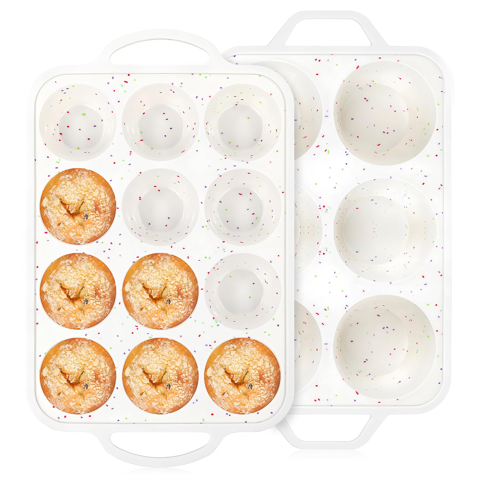 Vinino 2Pack Silicone Muffin Pan for Baking with Metal Reinforced Frame, Regular 12 Cup and Jumbo 6 Cup Nonstick Cupcake Pan Set