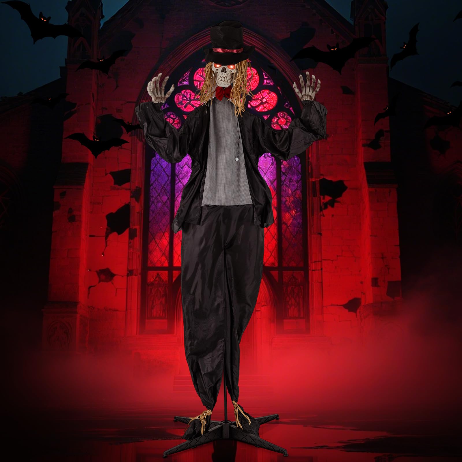 Tangkula Halloween Animatronic Skeleton Groom, 7.2 FT Haunted House Decoration w/Sound-Activated Light-up Eyes, Sounds & Moving 