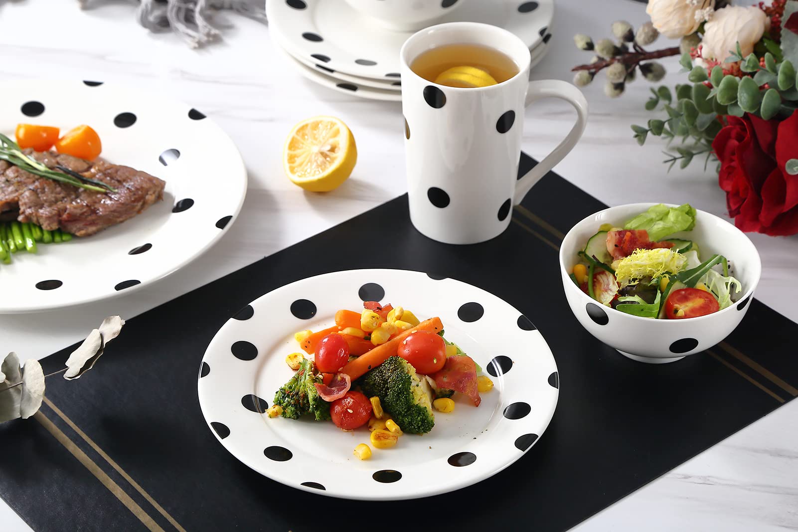 Loymokinar White Porcelain Dinnerware Sets 16-Piece Service for 4,Dishes, Round Plates, Bowls, Mugs Dish Set,Black and White Dis