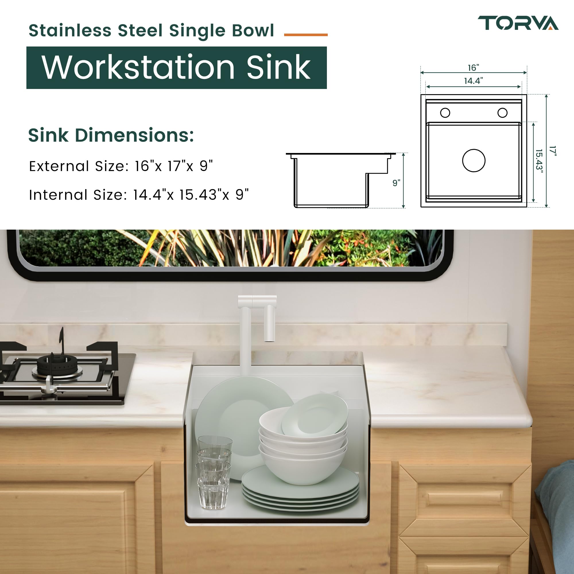 Torva Rv Kitchen Sink, 16 X 17 X 9 Inch Undermount Bar Sink 16 Gauge Stainless Steel Single Bowl Sink With Foldable Faucet Cutti