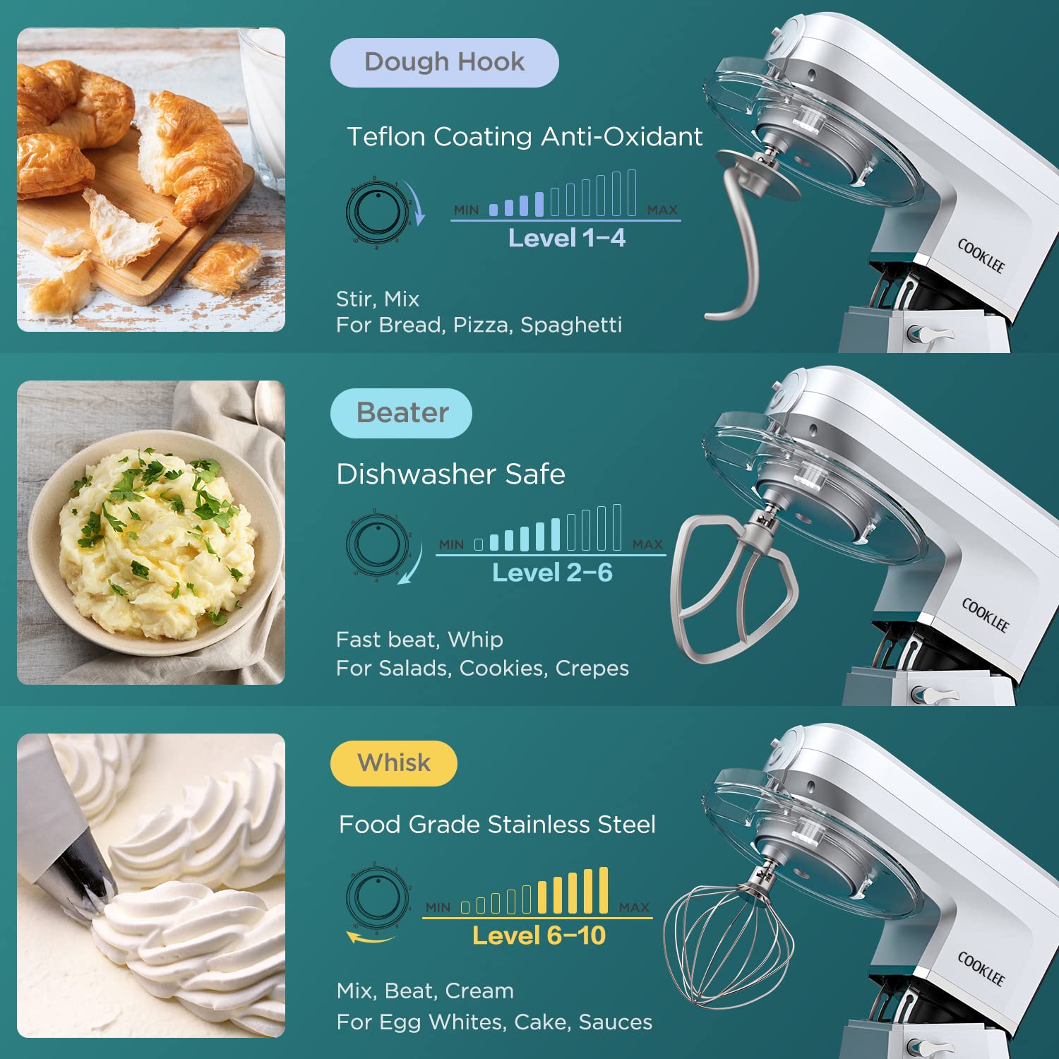 Cooklee 6-In-1 Stand Mixer, 8.5 Qt. Multifunctional Electric Kitchen Mixer With Beater, Whisk, Dough Hook, Meat Grinder And Othe