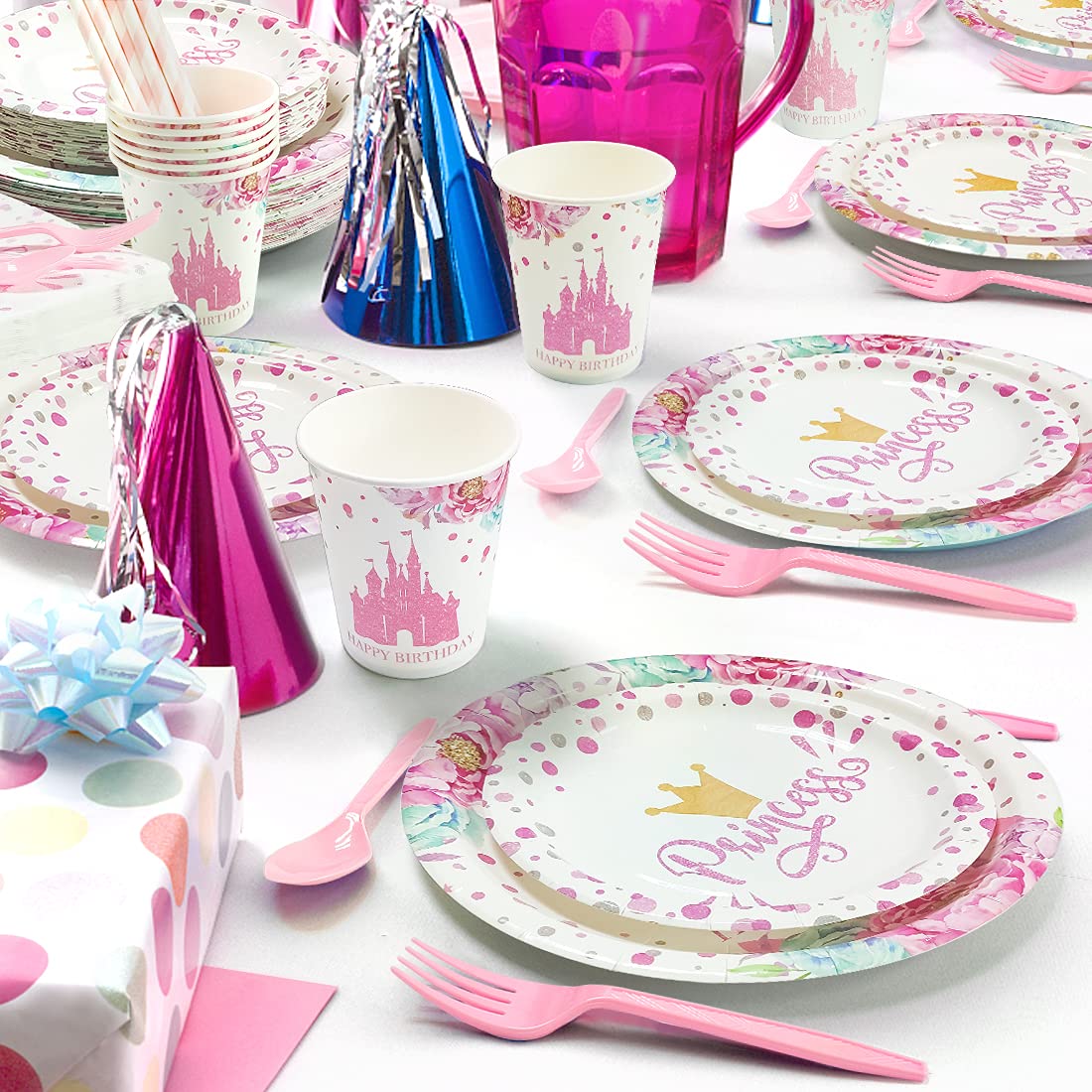 Naiwoxi Princess Birthday Party Supplies - Princess Party Decorations Tableware Set Include Plates, Napkins, Cups, Cutlery, Tabl
