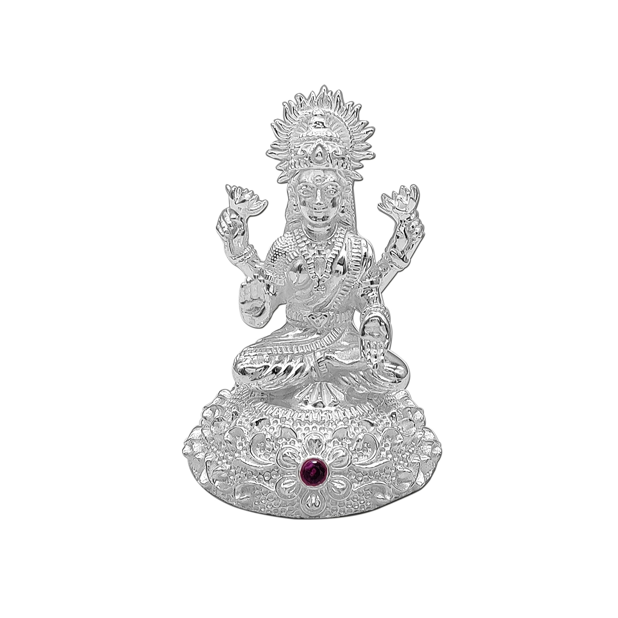Maa Silver Pure Silver Laxmi Lakshmi Ji Bis Hallmarked Solid Idol/Murti With Colour Stone At Round Base Perfect For Gifting & Po