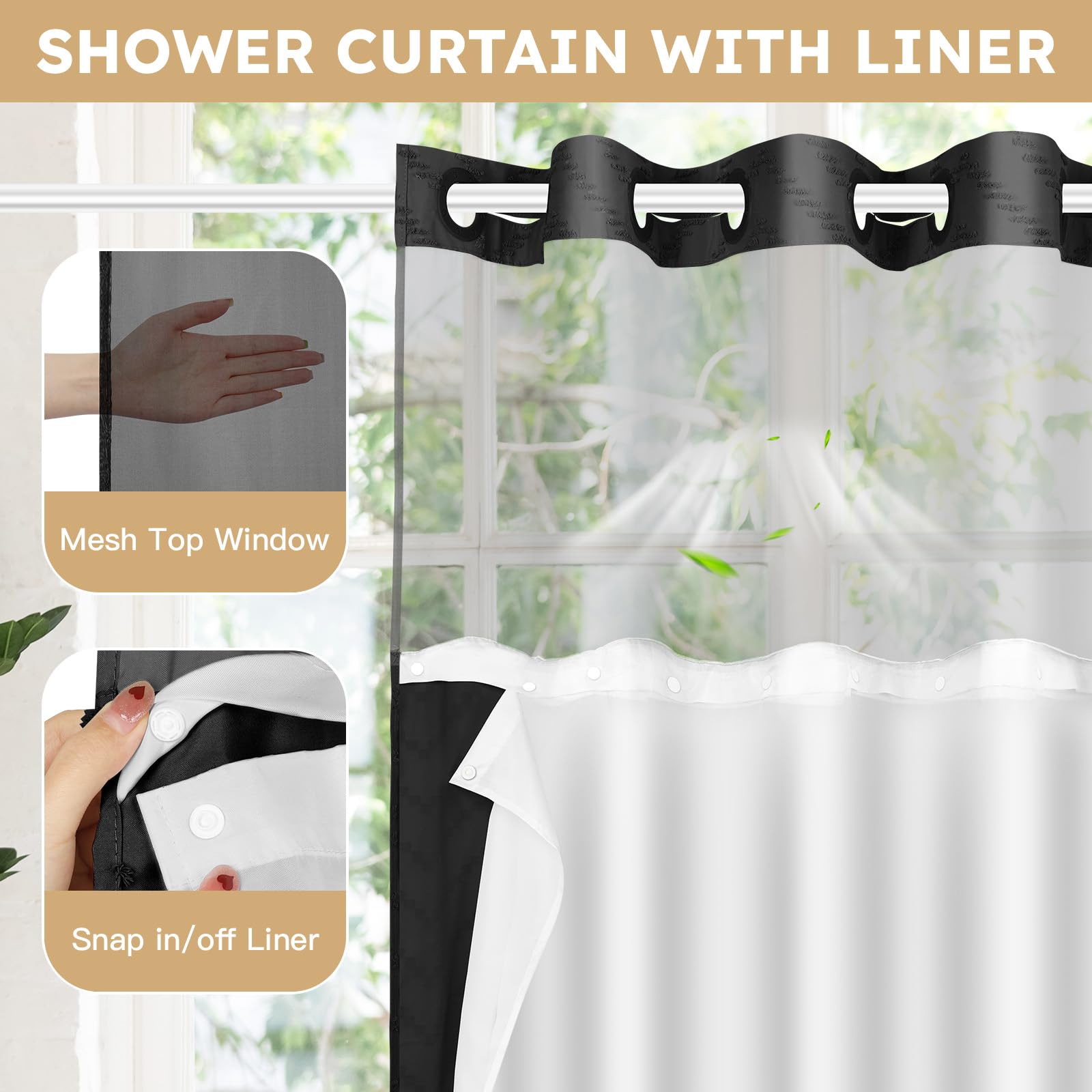 Fadoty No Hook Shower Curtain And Snap In Liner Set Black Tufted Chevron Striped Cloth Waterproof Washable Fabric Boho Bath Curt