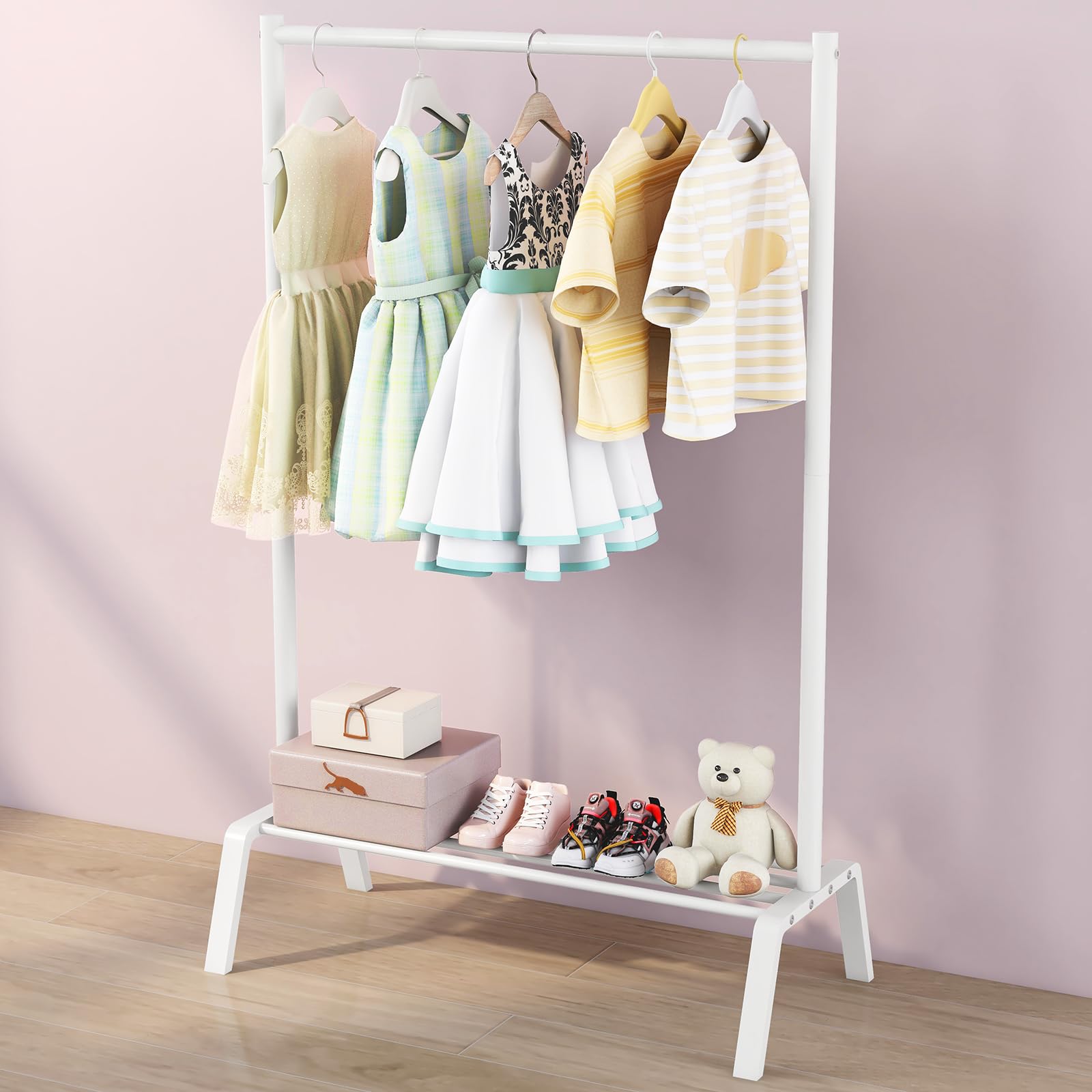 Stwwo Kids Clothing Rack, Metal Dress Up Storage, Kids Costume Rack With Storage Shelf, Toddler Clothing Rack Organizer, White